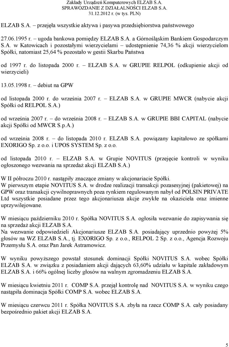 A.) od września 2007 r. do września 2008 r. ELZAB S.A. w GRUPIE BBI CAPITAL (nabycie akcji Spółki od MWCR S.p.A.) od września 2008 r. do listopada 2010 r. ELZAB S.A. powiązany kapitałowo ze spółkami EXORIGO Sp.