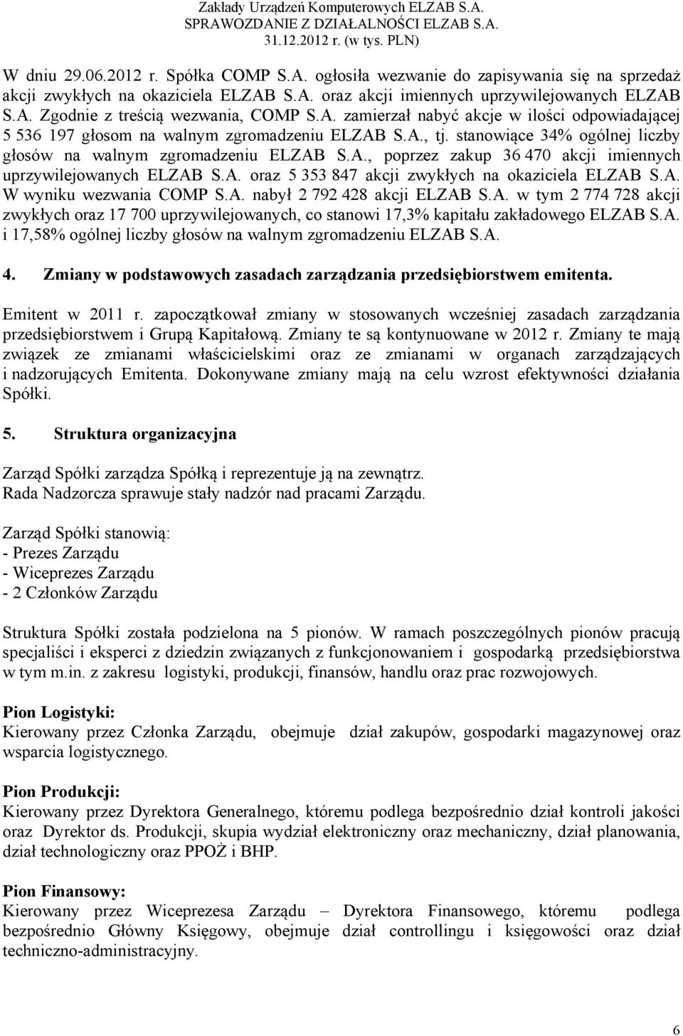 A. oraz 5 353 847 akcji zwykłych na okaziciela ELZAB S.A. W wyniku wezwania COMP S.A. nabył 2 792 428 akcji ELZAB S.A. w tym 2 774 728 akcji zwykłych oraz 17 700 uprzywilejowanych, co stanowi 17,3% kapitału zakładowego ELZAB S.