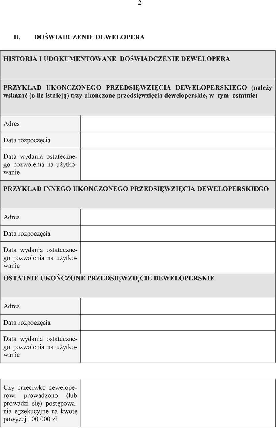 UKOŃCZONEGO PRZEDSIĘWZIĘCIA DEWELOPERSKIEGO Data rozpoczęcia Data wydania ostatecznego pozwolenia na użytkowanie OSTATNIE UKOŃCZONE PRZEDSIĘWZIĘCIE DEWELOPERSKIE