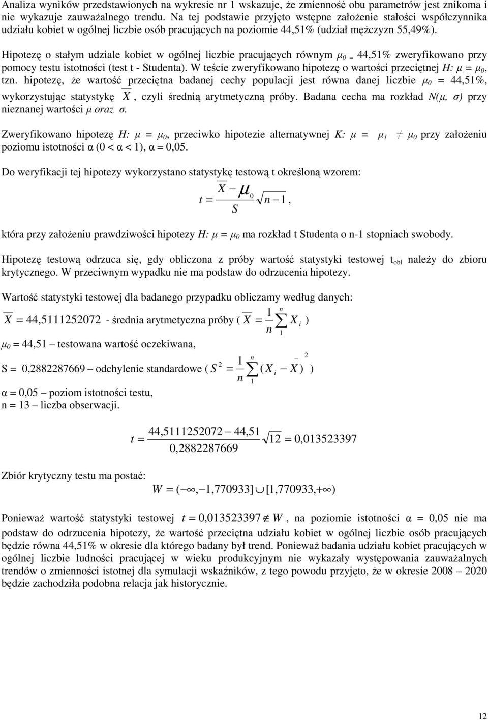 Hipotezę o stałym udziale kobiet w ogólnej liczbie pracujących równym µ 0 = 44,51% zweryfikowano przy pomocy testu istotności (test t - Studenta).