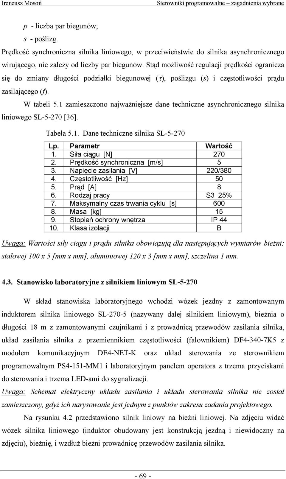 1 zamieszczono najważniejsze dane techniczne asynchronicznego silnika liniowego SL-5-270 [36]. Tabela 5.1. Dane techniczne silnika SL-5-270 Lp. Parametr Wartość 1. Siła ciągu [N] 270 2.