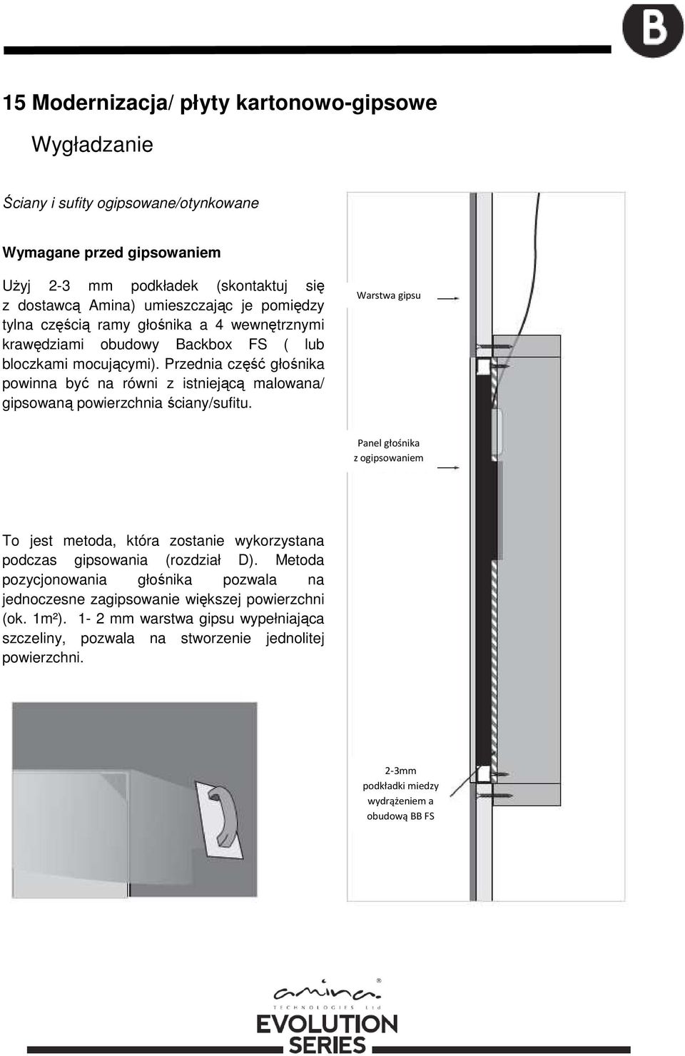 Przednia część głośnika powinna być na równi z istniejącą malowana/ gipsowaną powierzchnia ściany/sufitu.