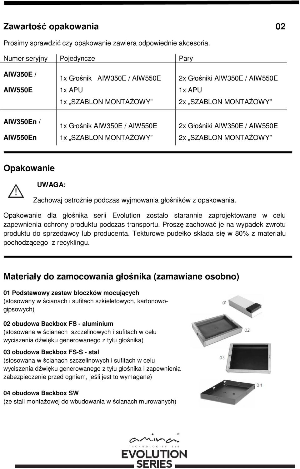 AIW350E / AIW550E 1x SZABLON MONTAŻOWY 2x Głośniki AIW350E / AIW550E 2x SZABLON MONTAŻOWY Opakowanie UWAGA: Zachowaj ostrożnie podczas wyjmowania głośników z opakowania.