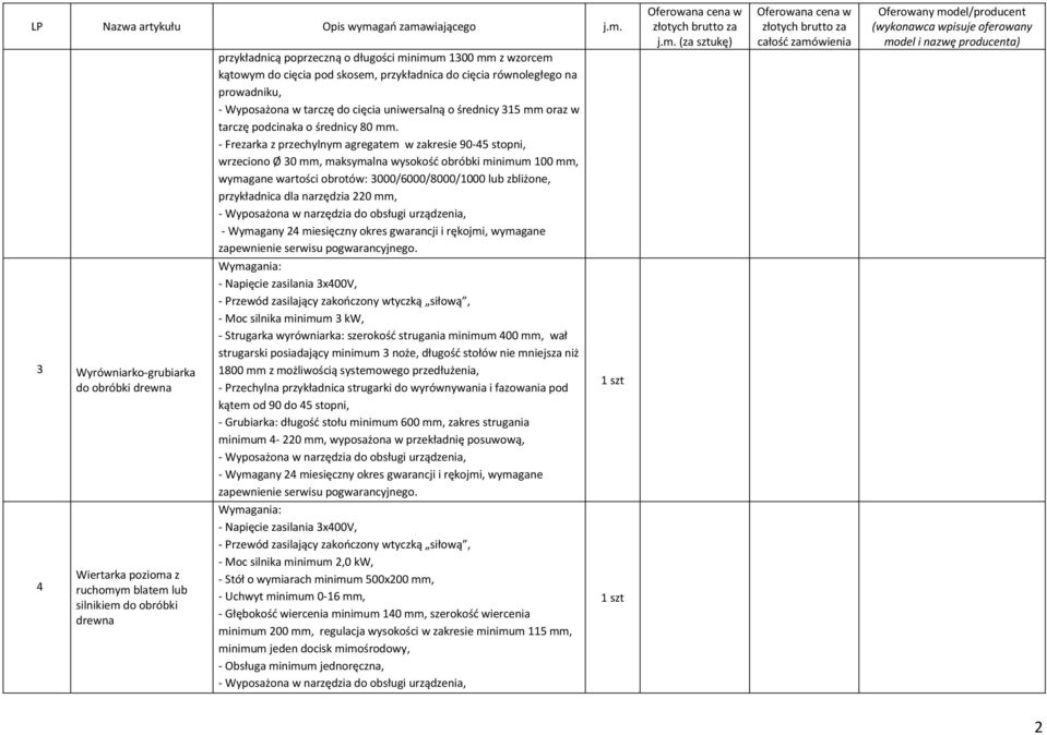 - Frezarka z przechylnym agregatem w zakresie 90-45 stopni, wrzeciono Ø 30 mm, maksymalna wysokość obróbki minimum 100 mm, wymagane wartości obrotów: 3000/6000/8000/1000 lub zbliżone, przykładnica