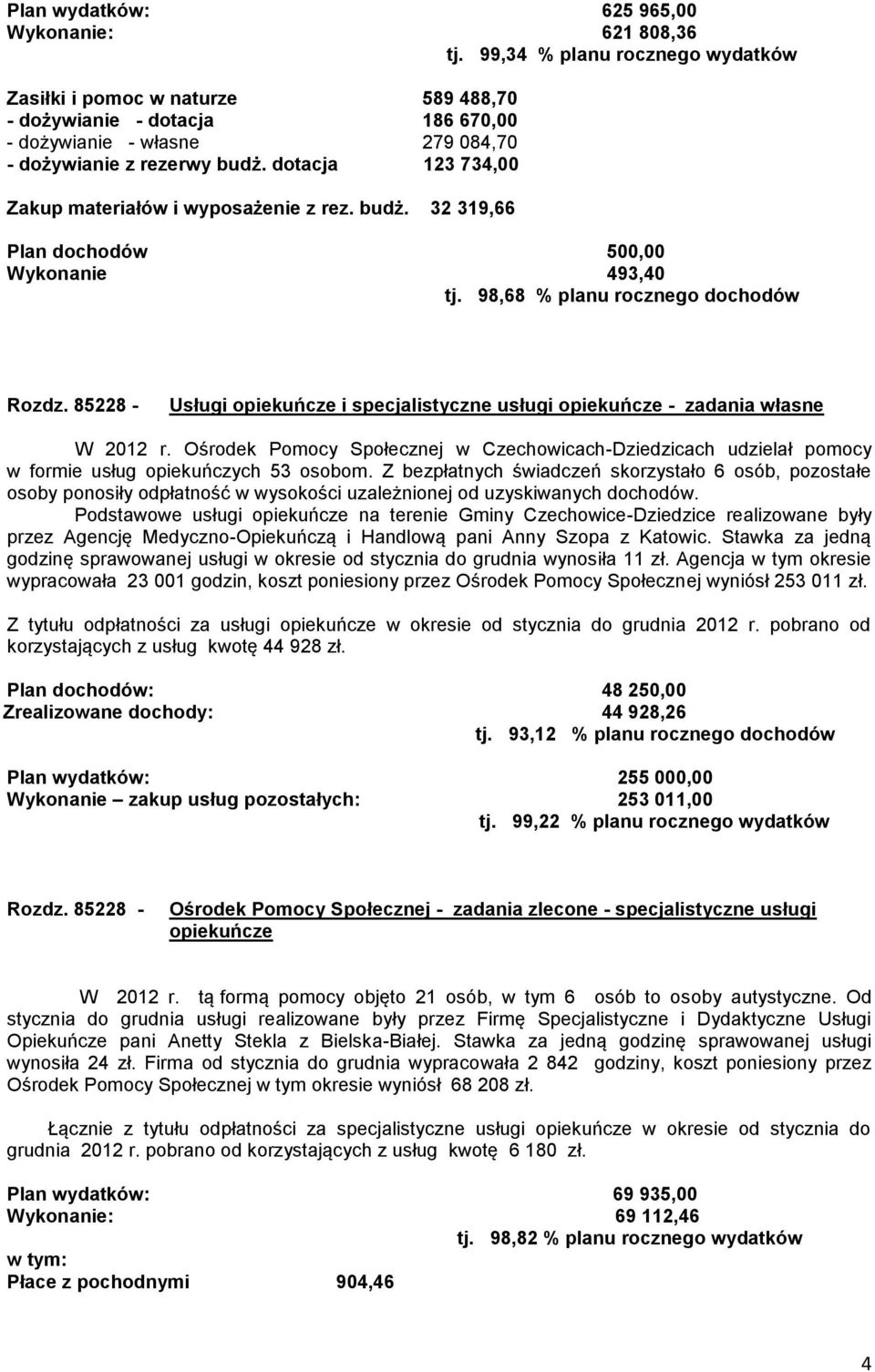 dotacja 123 734,00 Zakup materiałów i wyposażenie z rez. budż. 32 319,66 Plan dochodów 500,00 Wykonanie 493,40 tj. 98,68 % planu rocznego dochodów Rozdz.