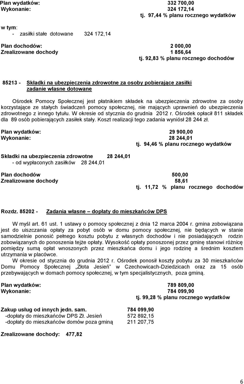 zdrowotne za osoby korzystające ze stałych świadczeń pomocy społecznej, nie mających uprawnień do ubezpieczenia zdrowotnego z innego tytułu. W okresie od stycznia do grudnia 2012 r.