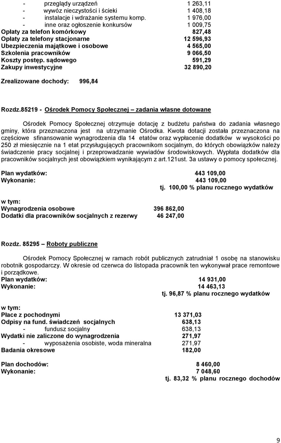 066,50 Koszty postęp. sądowego 591,29 Zakupy inwestycyjne 32 890,20 Zrealizowane dochody: 996,84 Rozdz.