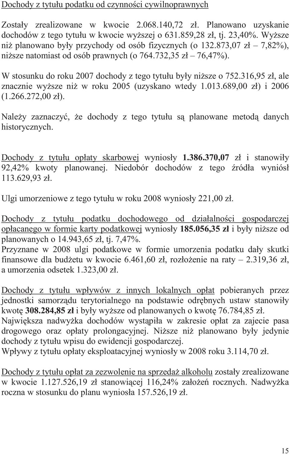 W stosunku do roku 2007 dochody z tego tytułu były ni sze o 752.316,95 zł, ale znacznie wy sze ni w roku 2005 (uzyskano wtedy 1.013.689,00 zł) i 2006 (1.266.272,00 zł).