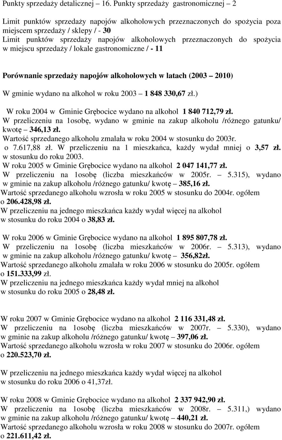 przeznaczonych do spożycia w miejscu sprzedaży / lokale gastronomiczne / - 11 Porównanie sprzedaży napojów alkoholowych w latach (2003 2010) W gminie wydano na alkohol w roku 2003 1 848 330,67 zł.