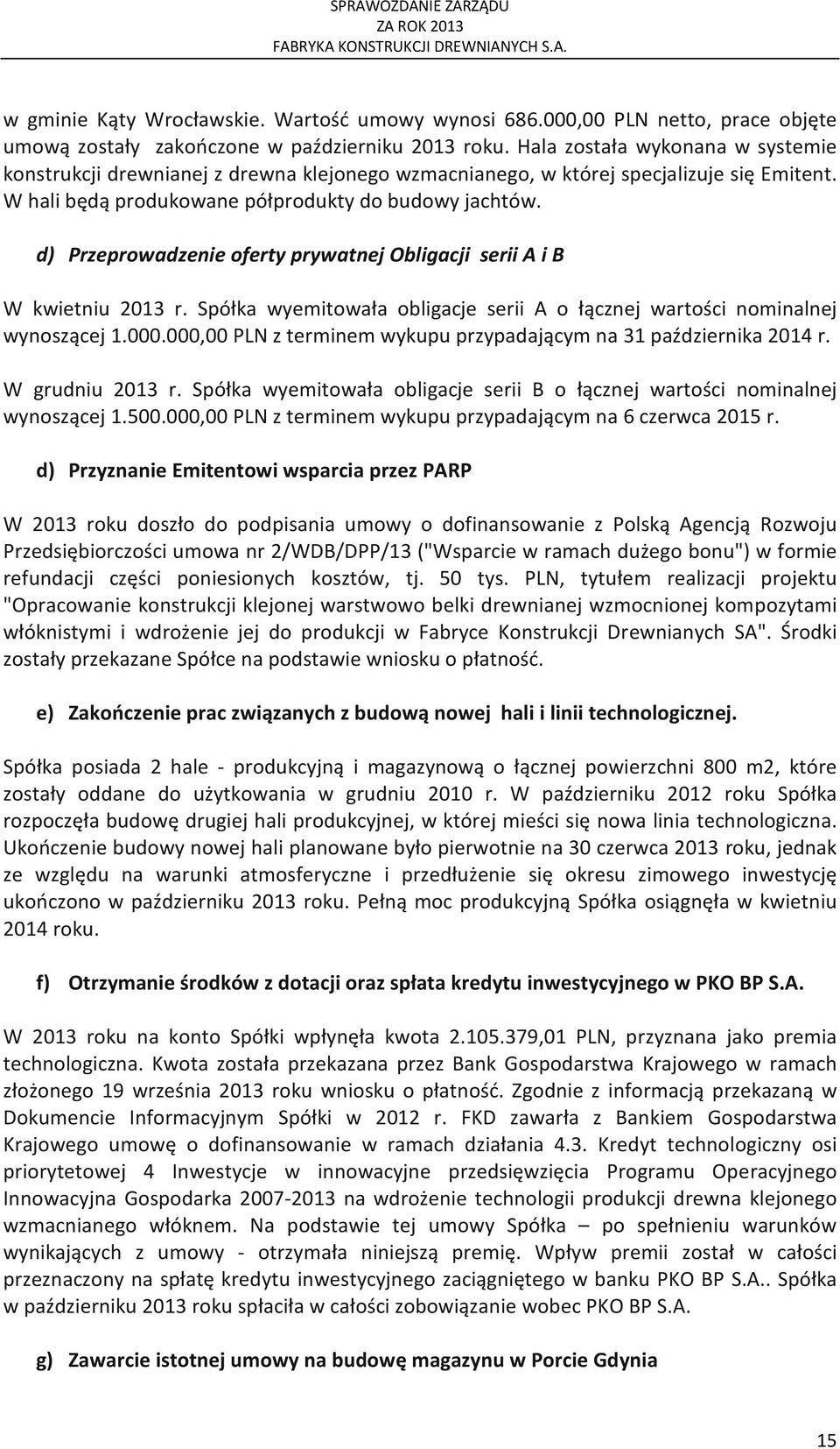 d) Przeprowadzenie oferty prywatnej Obligacji serii A i B W kwietniu 2013 r. Spółka wyemitowała obligacje serii A o łącznej wartości nominalnej wynoszącej 1.000.