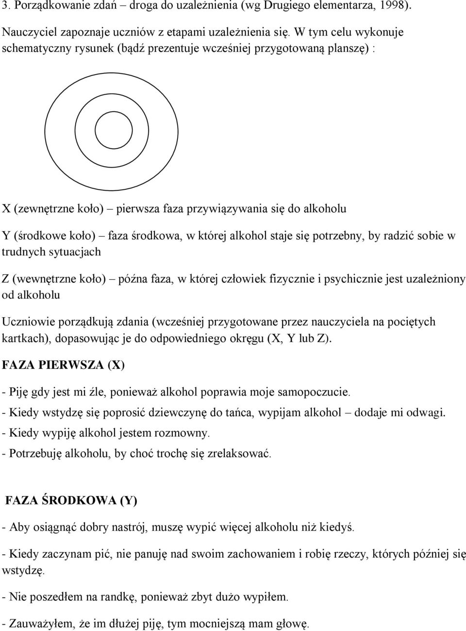 alkohol staje się potrzebny, by radzić sobie w trudnych sytuacjach Z (wewnętrzne koło) późna faza, w której człowiek fizycznie i psychicznie jest uzależniony od alkoholu Uczniowie porządkują zdania