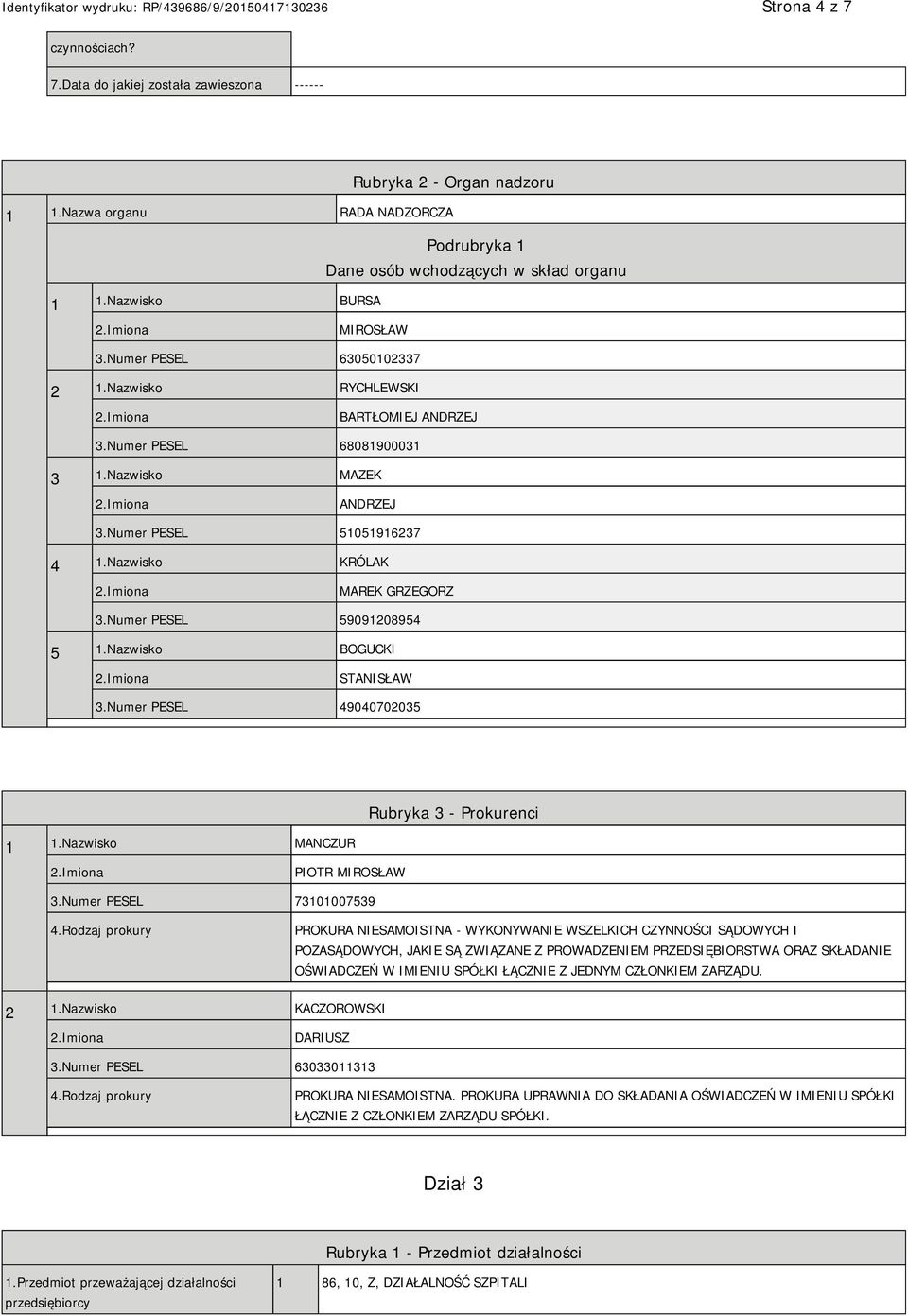 Numer PESEL 59091208954 5 1.Nazwisko BOGUCKI STANISŁAW 3.Numer PESEL 49040702035 1 1.Nazwisko MANCZUR Rubryka 3 - Prokurenci PIOTR MIROSŁAW 3.Numer PESEL 73101007539 4.