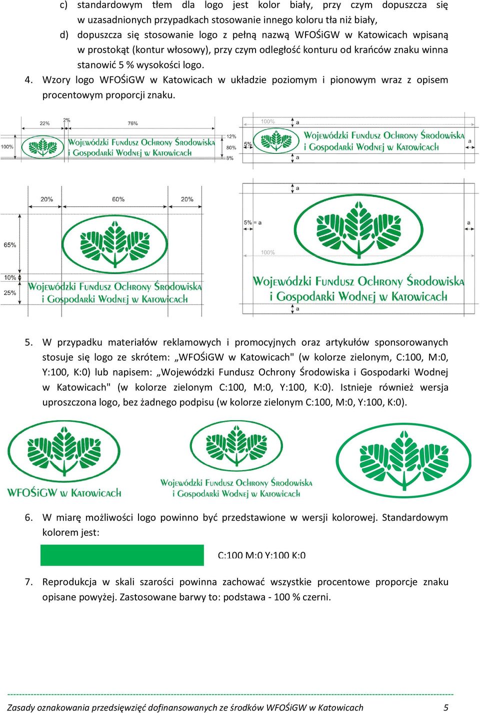 Wzory logo WFOŚiGW w Katowicach w układzie poziomym i pionowym wraz z opisem procentowym proporcji znaku. 5.