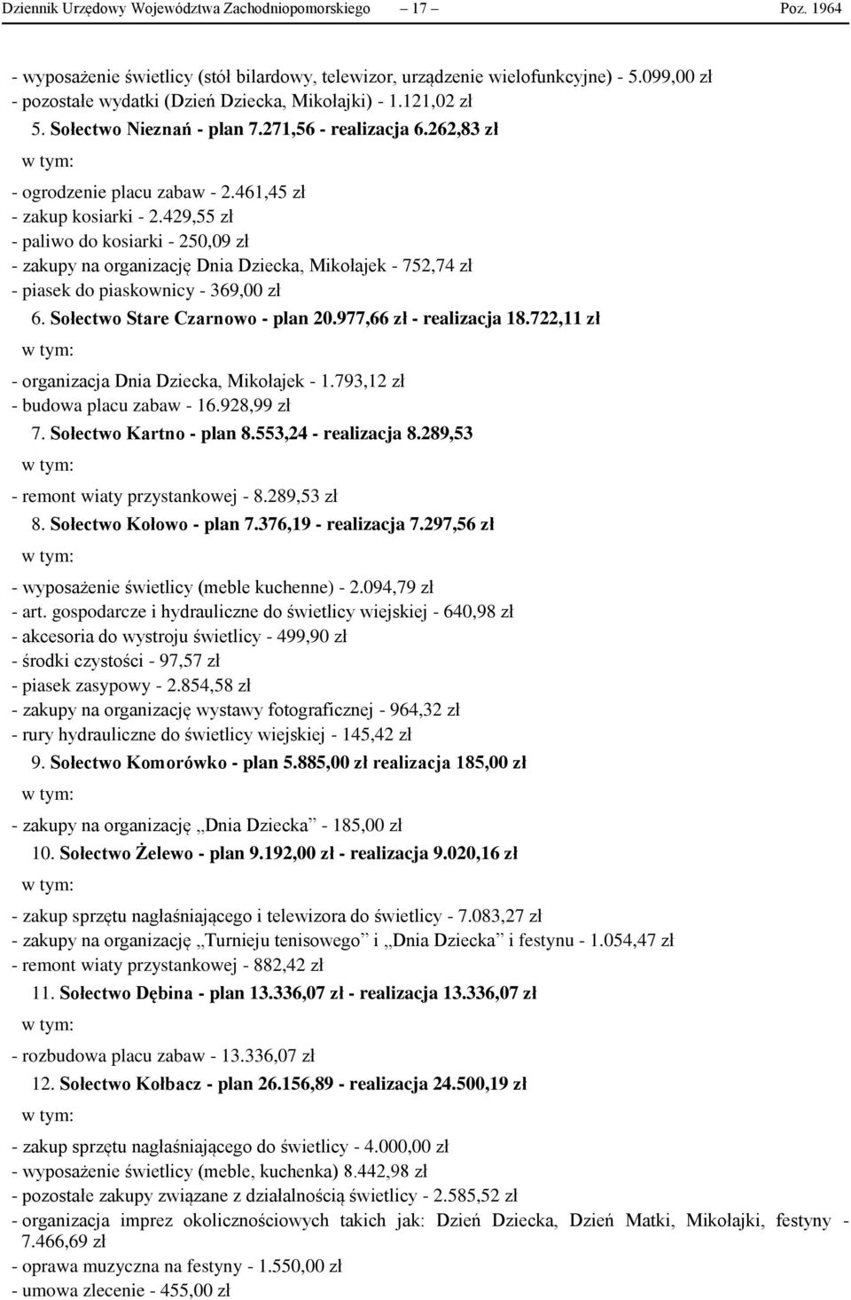 429,55 zł - paliwo do kosiarki - 250,09 zł - zakupy na organizację Dnia Dziecka, Mikołajek - 752,74 zł - piasek do piaskownicy - 369,00 zł 6. Sołectwo Stare Czarnowo - plan 20.