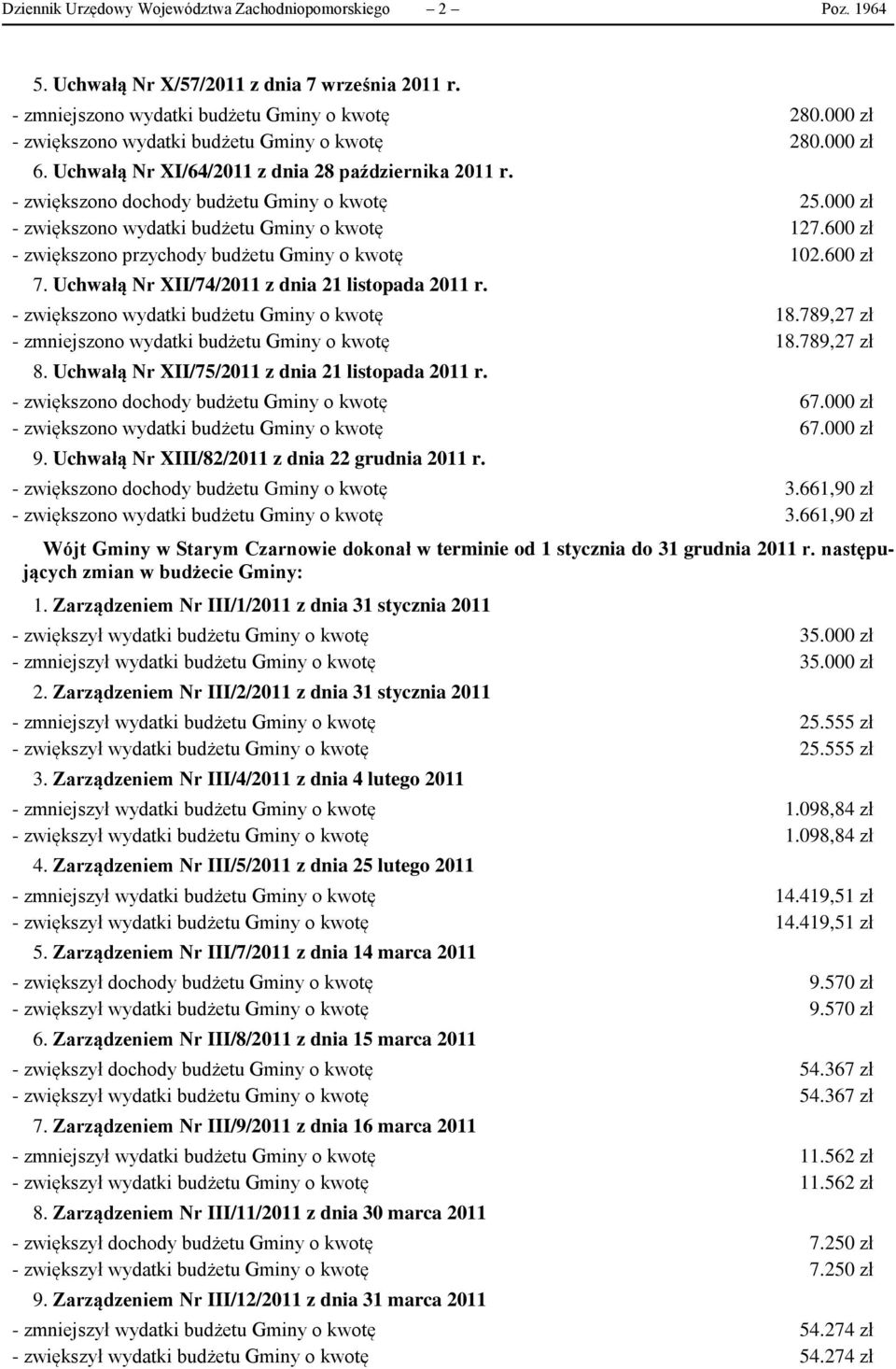 000 zł - zwiększono wydatki budżetu Gminy o kwotę 127.600 zł - zwiększono przychody budżetu Gminy o kwotę 102.600 zł 7. Uchwałą Nr XII/74/2011 z dnia 21 listopada 2011 r.