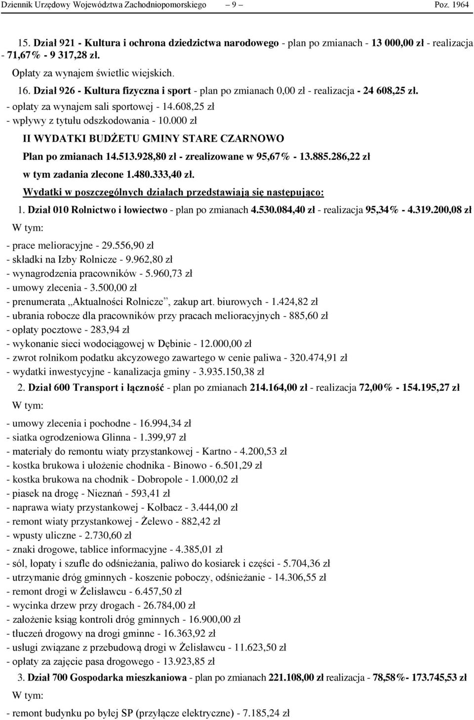 608,25 zł - wpływy z tytułu odszkodowania - 10.000 zł II WYDATKI BUDŻETU GMINY STARE CZARNOWO Plan po zmianach 14.513.928,80 zł - zrealizowane w 95,67% - 13.885.286,22 zł w tym zadania zlecone 1.480.