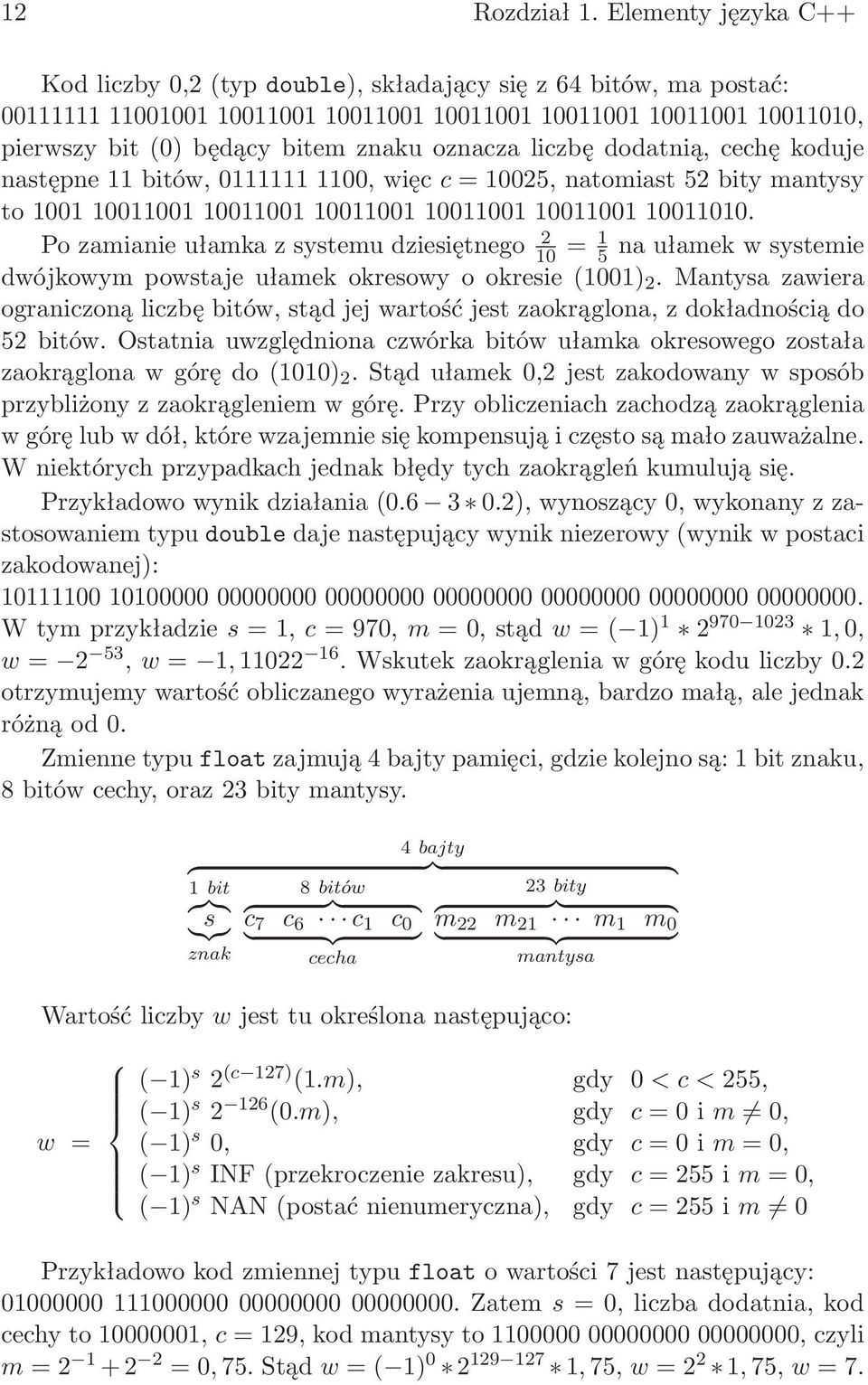 oznacza liczbę dodatnią, cechę koduje następne 11 bitów, 0111111 1100, więc c = 10025, natomiast 52 bity mantysy to 1001 10011001 10011001 10011001 10011001 10011001 10011010.