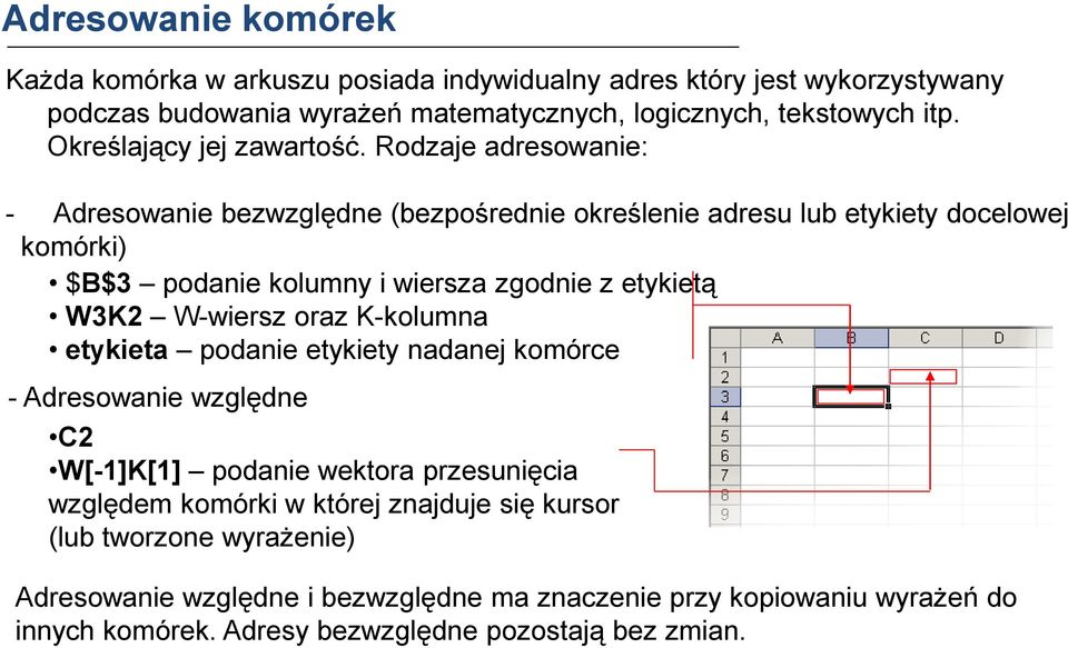 Rodzaje adresowanie: - Adresowanie bezwzględne (bezpośrednie określenie adresu lub etykiety docelowej komórki) $B$3 podanie kolumny i wiersza zgodnie z etykietą W3K2