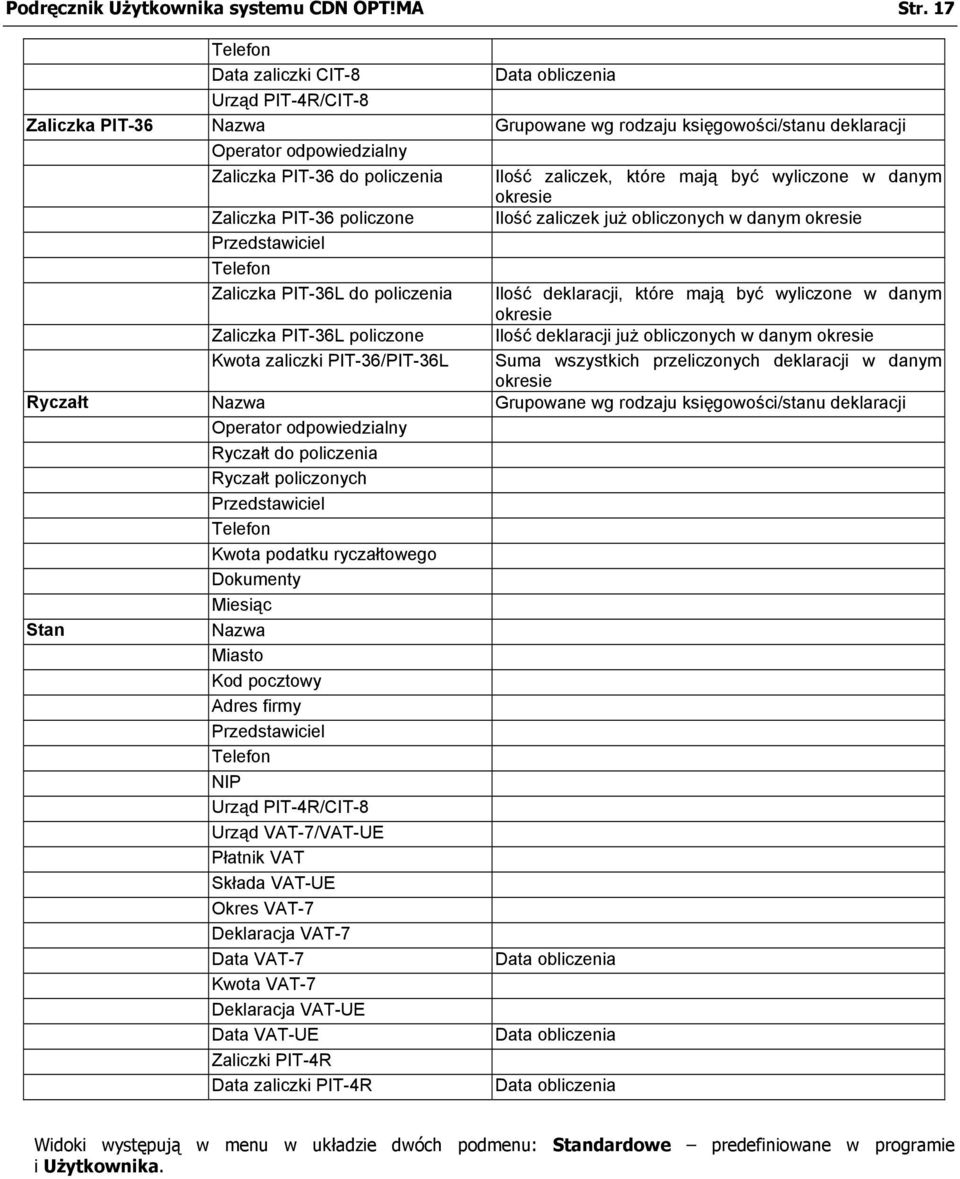 zaliczek, które mają być wyliczone w danym okresie Zaliczka PIT-36 policzone Ilość zaliczek już obliczonych w danym okresie Przedstawiciel Telefon Zaliczka PIT-36L do policzenia Ilość deklaracji,