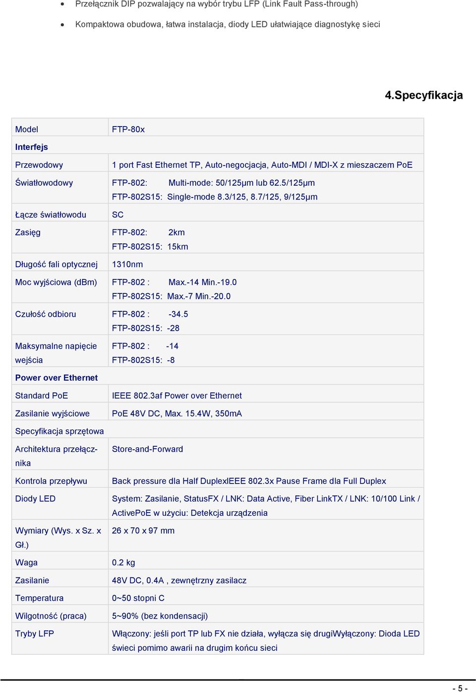 5/125µm FTP-802S15: Single-mode 8.3/125, 8.7/125, 9/125µm Łącze światłowodu SC Zasięg FTP-802: 2km FTP-802S15: 15km Długość fali optycznej 1310nm Moc wyjściowa (dbm) FTP-802 : Max.-14 Min.-19.