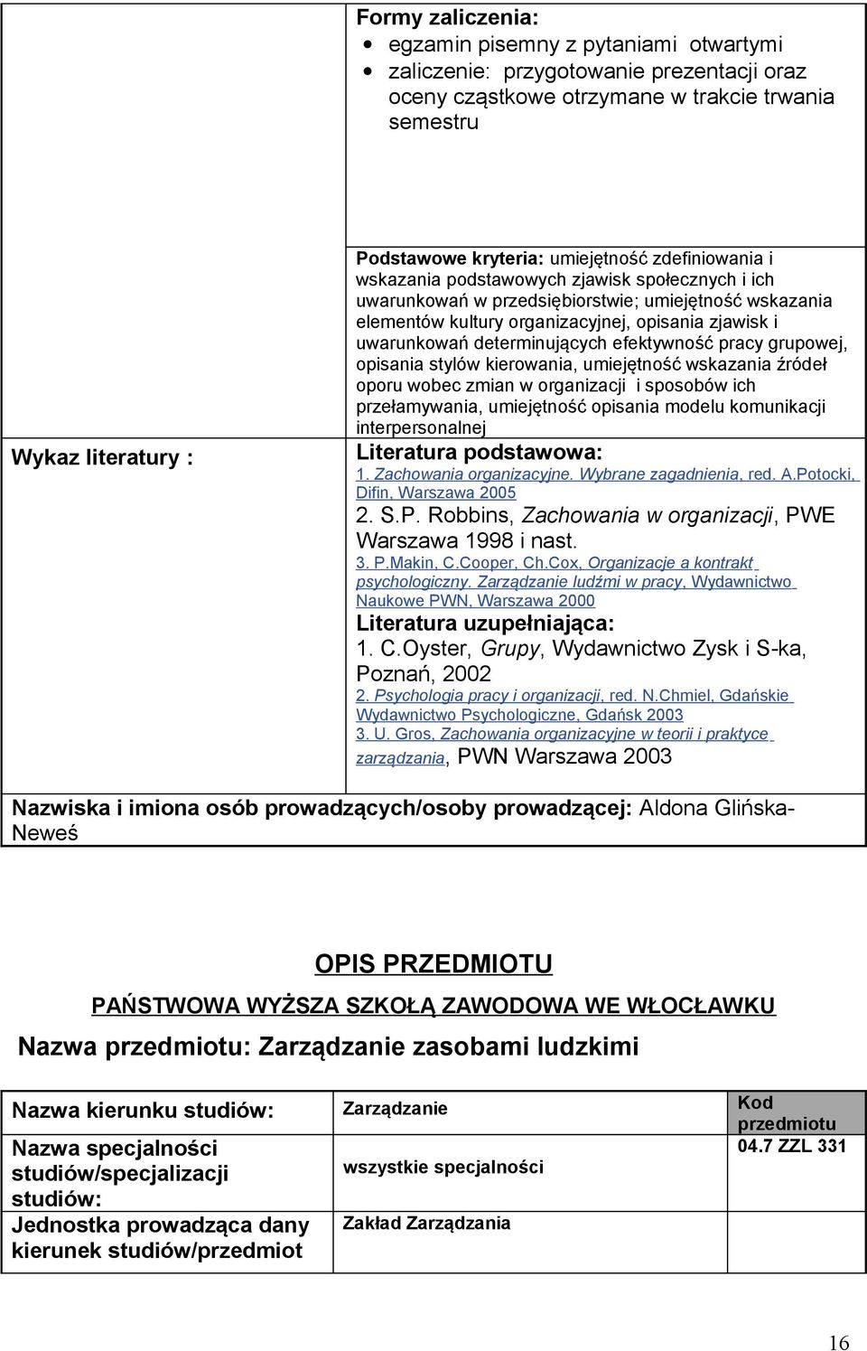 determinujących efektywność pracy grupowej, opisania stylów kierowania, umiejętność wskazania źródeł oporu wobec zmian w organizacji i sposobów ich przełamywania, umiejętność opisania modelu