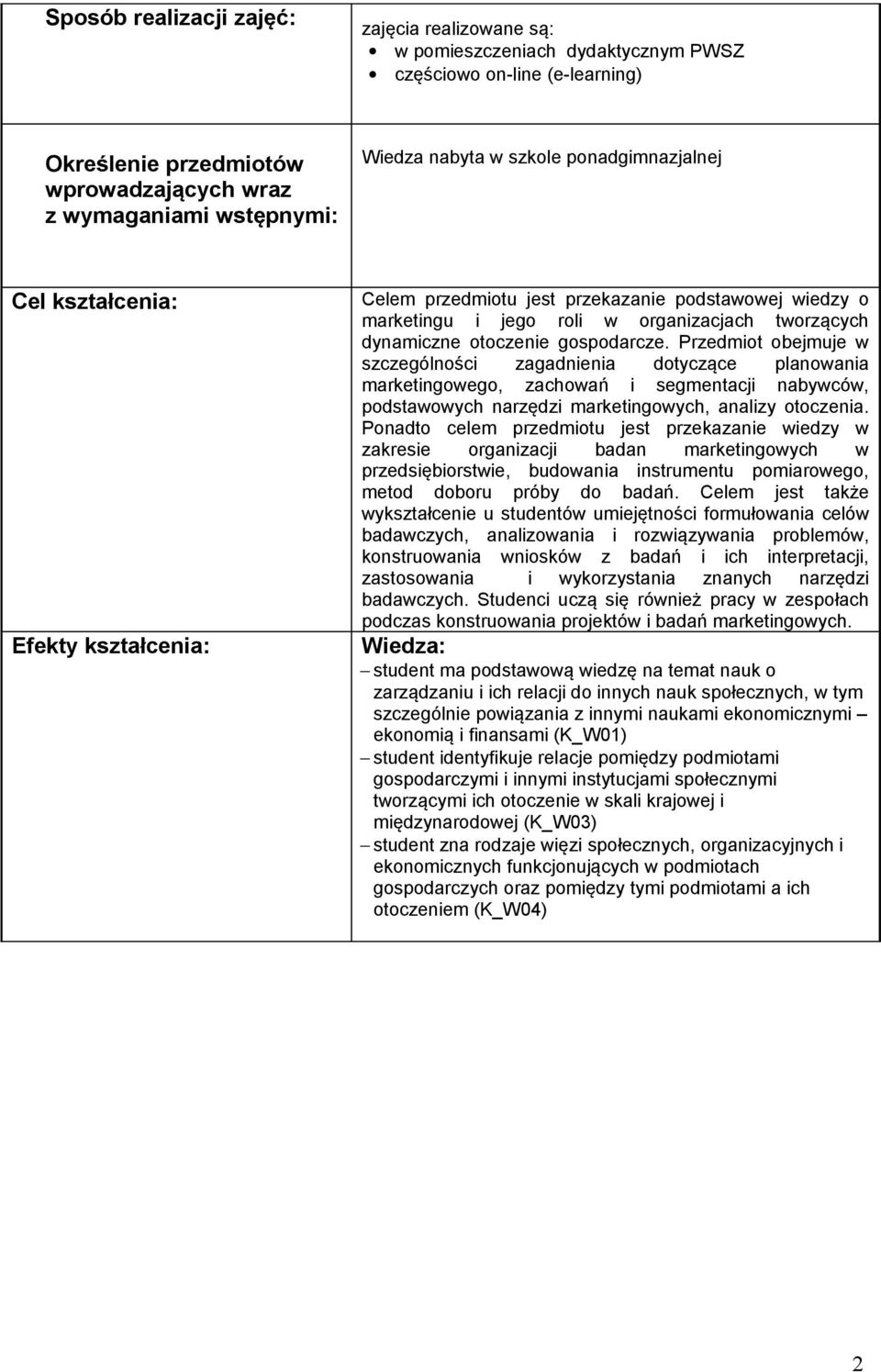 Przedmiot obejmuje w szczególności zagadnienia dotyczące planowania marketingowego, zachowań i segmentacji nabywców, podstawowych narzędzi marketingowych, analizy otoczenia.