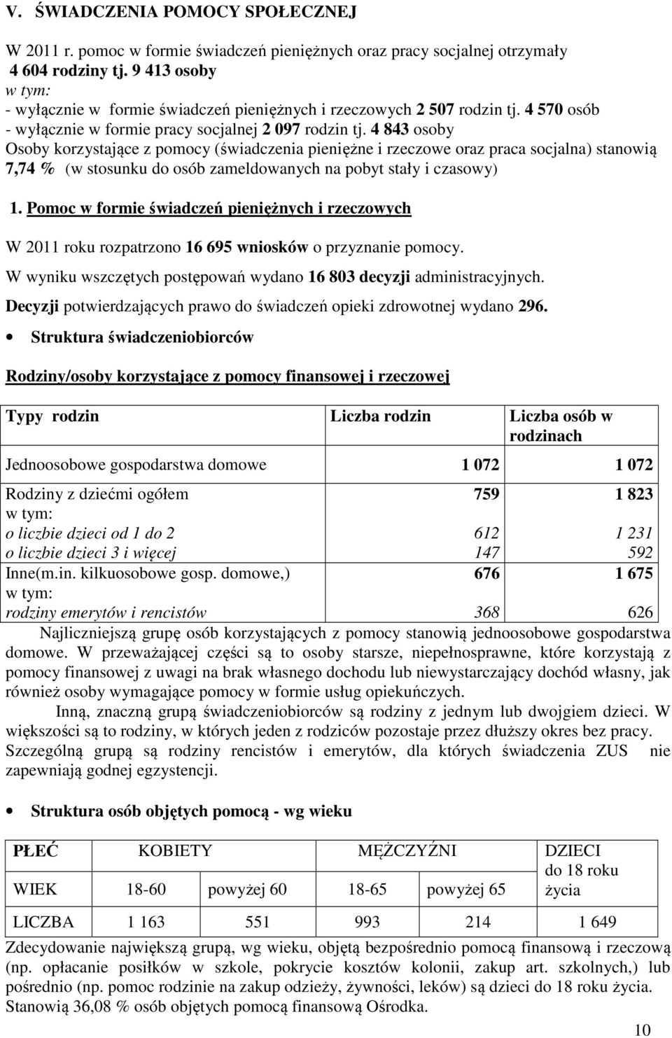 4 843 osoby Osoby korzystające z pomocy (świadczenia pieniężne i rzeczowe oraz praca socjalna) stanowią 7,74 % (w stosunku do osób zameldowanych na pobyt stały i czasowy) 1.