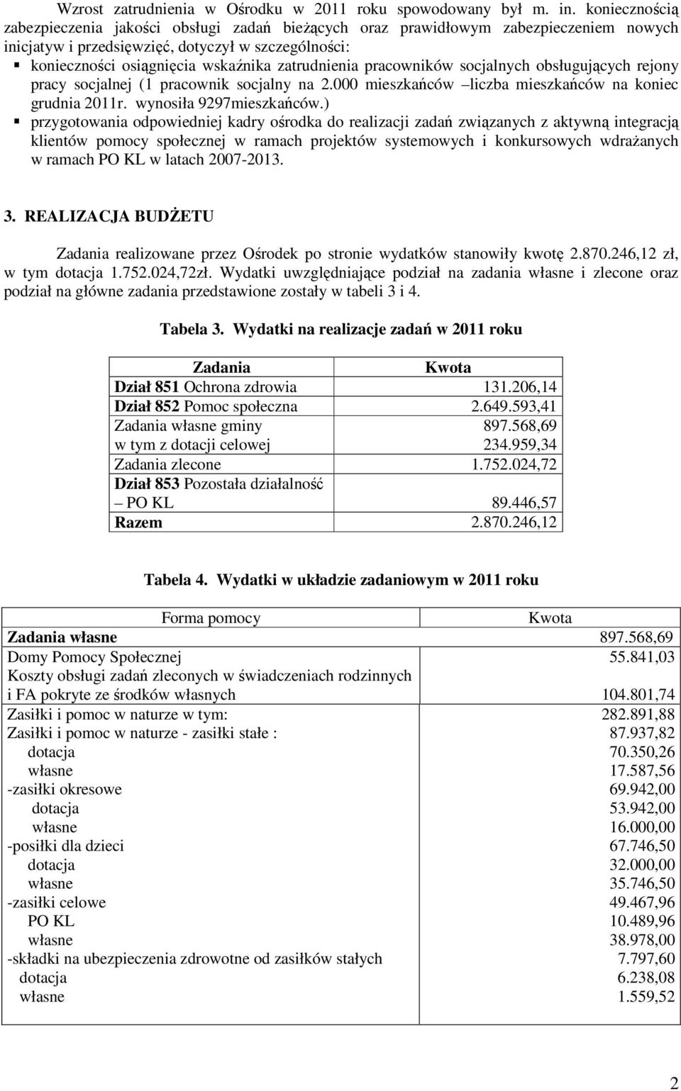 zatrudnienia pracowników socjalnych obsługujących rejony pracy socjalnej (1 pracownik socjalny na 2.000 mieszkańców liczba mieszkańców na koniec grudnia 2011r. wynosiła 9297mieszkańców.