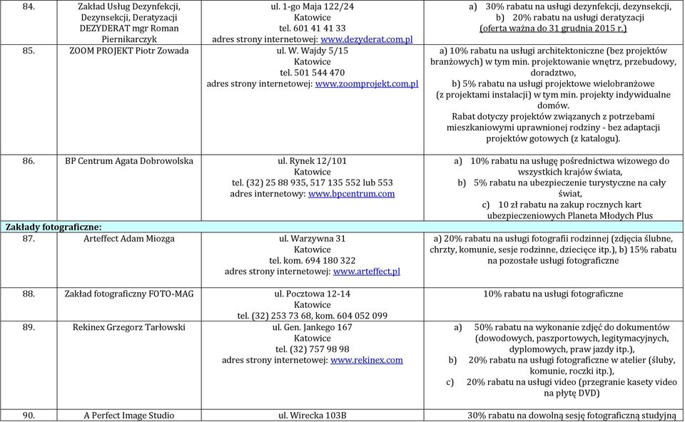 com Zakłady fotograficzne: 87. Arteffect Adam Miozga ul. Warzywna 31 tel. kom. 694 180 322 www.arteffect.pl 88. Zakład fotograficzny FOTO-MAG ul. Pocztowa 12-14 tel. (32) 253 73 68, kom.