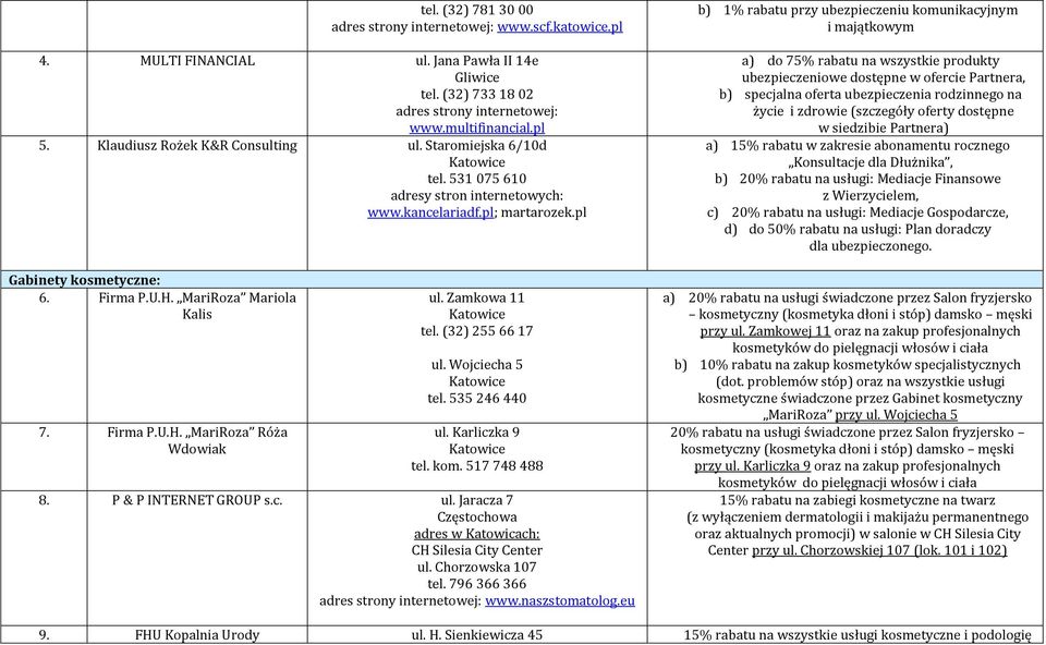 (32) 255 66 17 ul. Wojciecha 5 tel. 535 246 440 ul. Karliczka 9 tel. kom. 517 748 488 8. P & P INTERNET GROUP s.c. ul. Jaracza 7 Częstochowa adres w Katowicach: CH Silesia City Center ul.
