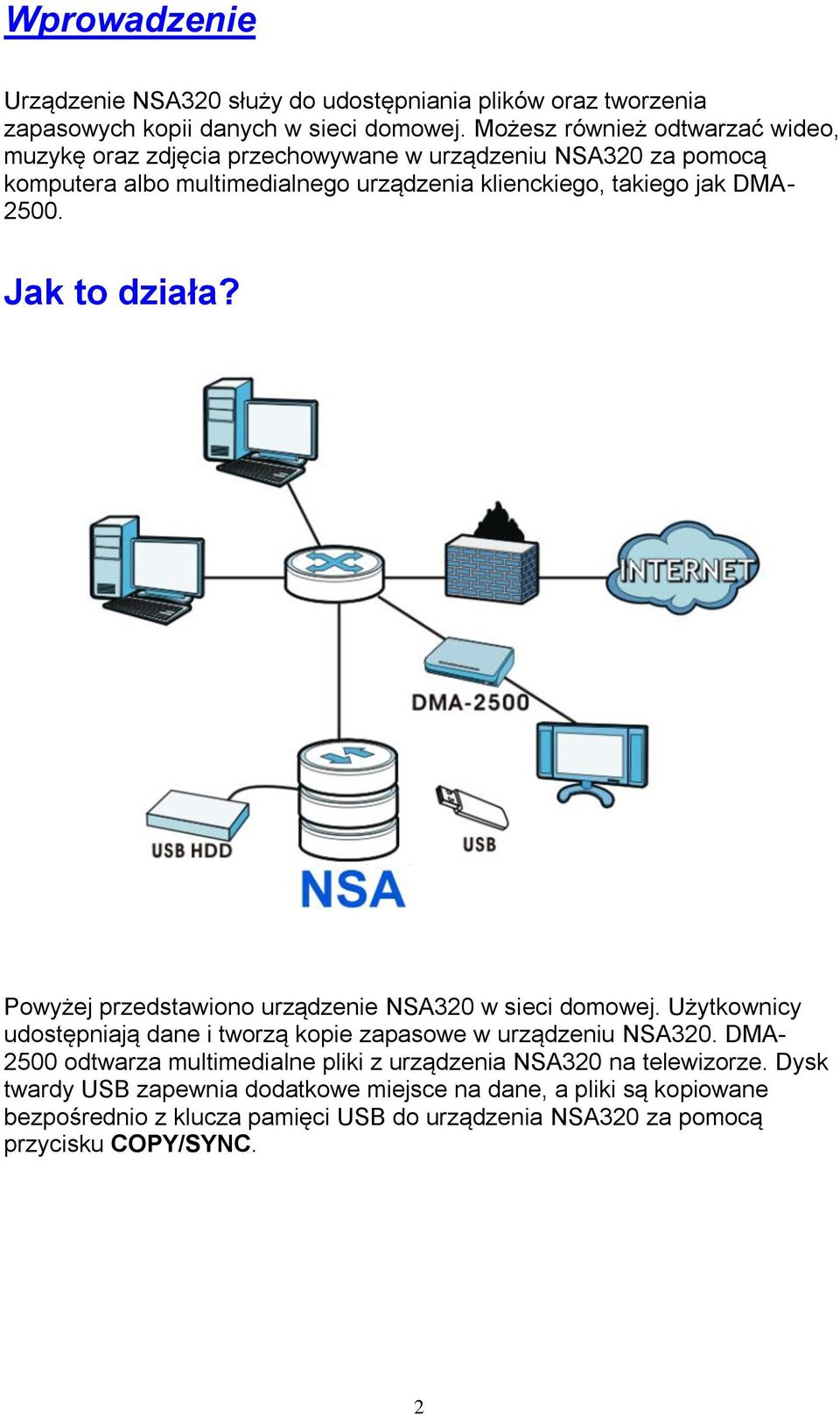 2500. Jak to działa? Powyżej przedstawiono urządzenie NSA320 w sieci domowej. Użytkownicy udostępniają dane i tworzą kopie zapasowe w urządzeniu NSA320.