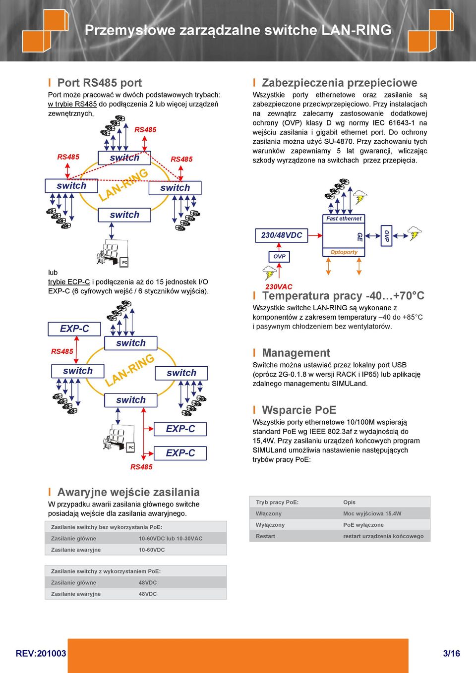 Przy instalacjach na zewnątrz zalecamy zastosowanie dodatkowej ochrony (OVP) klasy D wg normy IEC 61643-1 na wejściu zasilania i gigabit ethernet port. Do ochrony zasilania można użyć SU-4870.