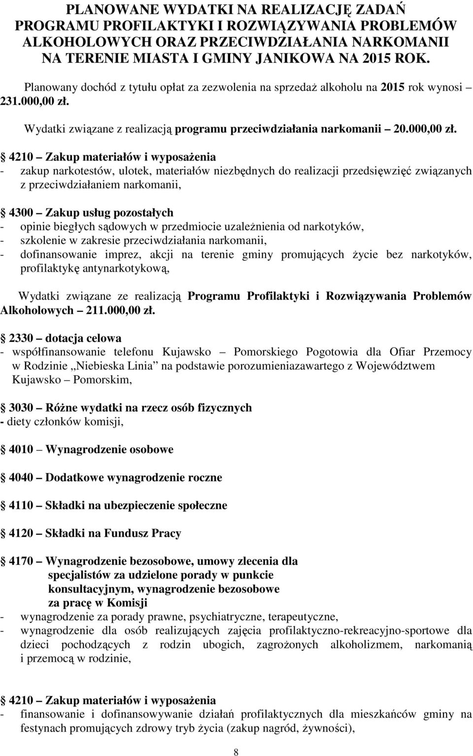 Wydatki związane z realizacją programu przeciwdziałania narkomanii 20.000,00 zł.