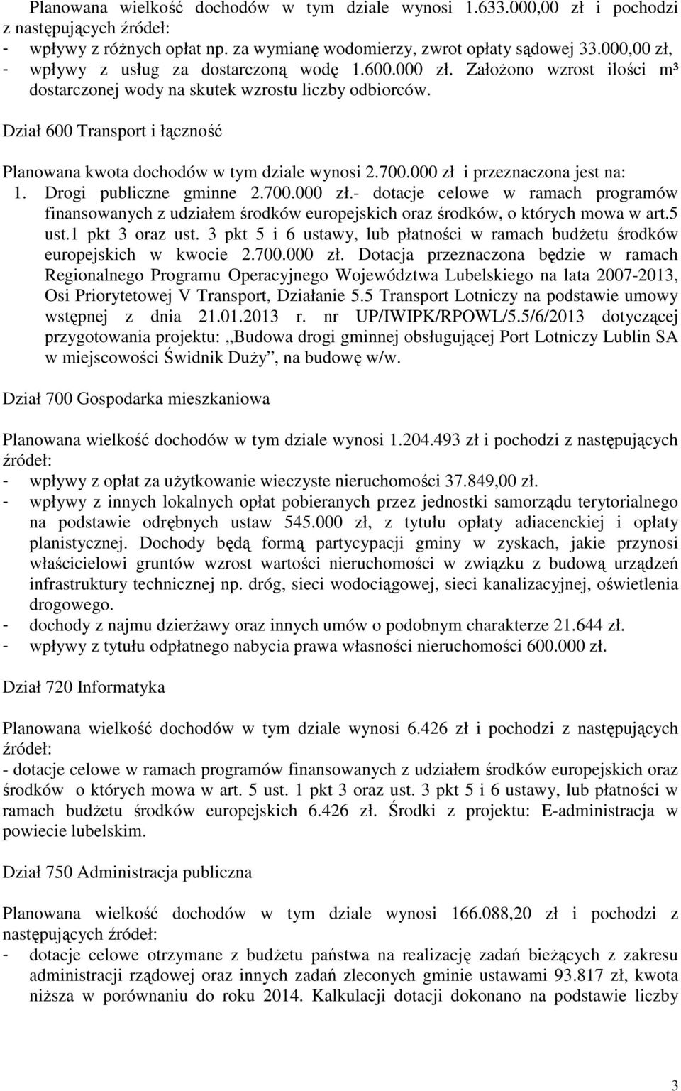 Dział 600 Transport i łączność Planowana kwota dochodów w tym dziale wynosi 2.700.000 zł 