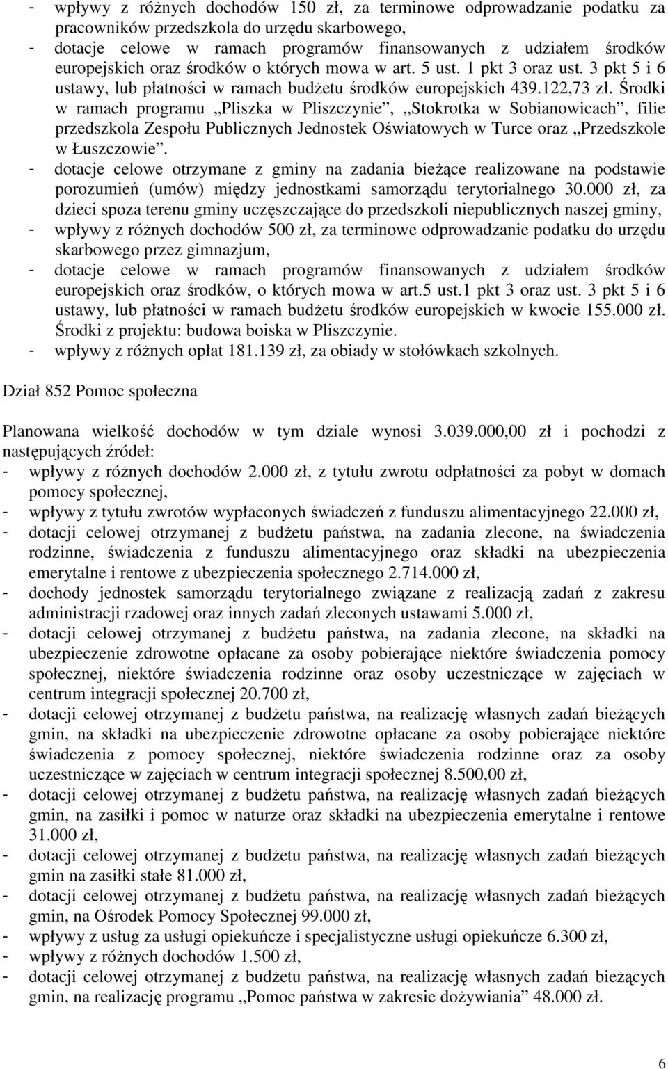 Środki w ramach programu Pliszka w Pliszczynie, Stokrotka w Sobianowicach, filie przedszkola Zespołu Publicznych Jednostek Oświatowych w Turce oraz Przedszkole w Łuszczowie.