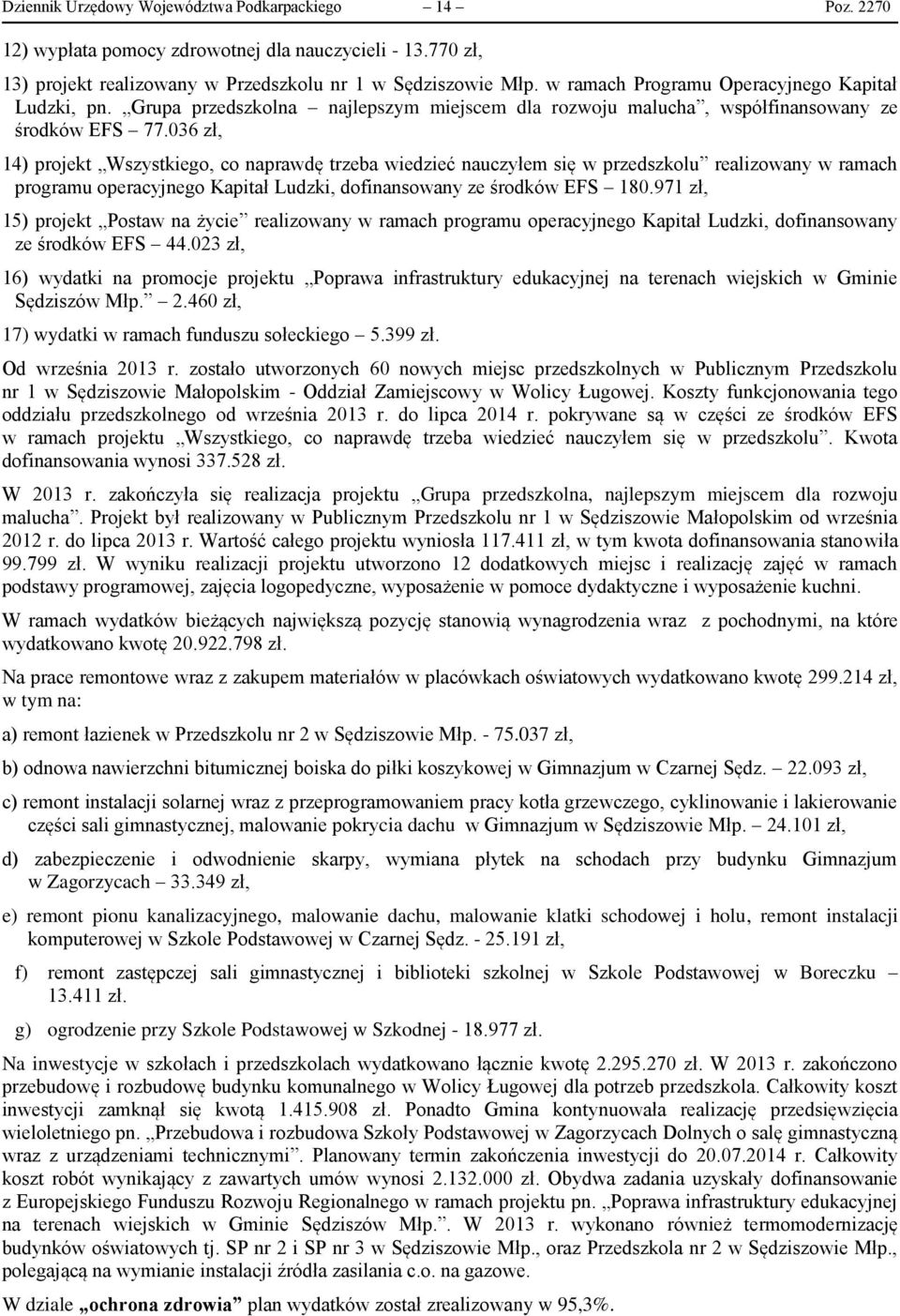 036 zł, 14) projekt Wszystkiego, co naprawdę trzeba wiedzieć nauczyłem się w przedszkolu realizowany w ramach programu operacyjnego Kapitał Ludzki, dofinansowany ze środków EFS 180.