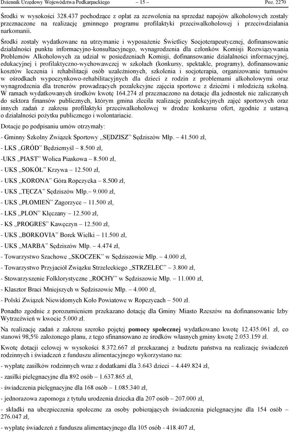 Środki zostały wydatkowane na utrzymanie i wyposażenie Świetlicy Socjoterapeutycznej, dofinansowanie działalności punktu informacyjno-konsultacyjnego, wynagrodzenia dla członków Komisji Rozwiązywania