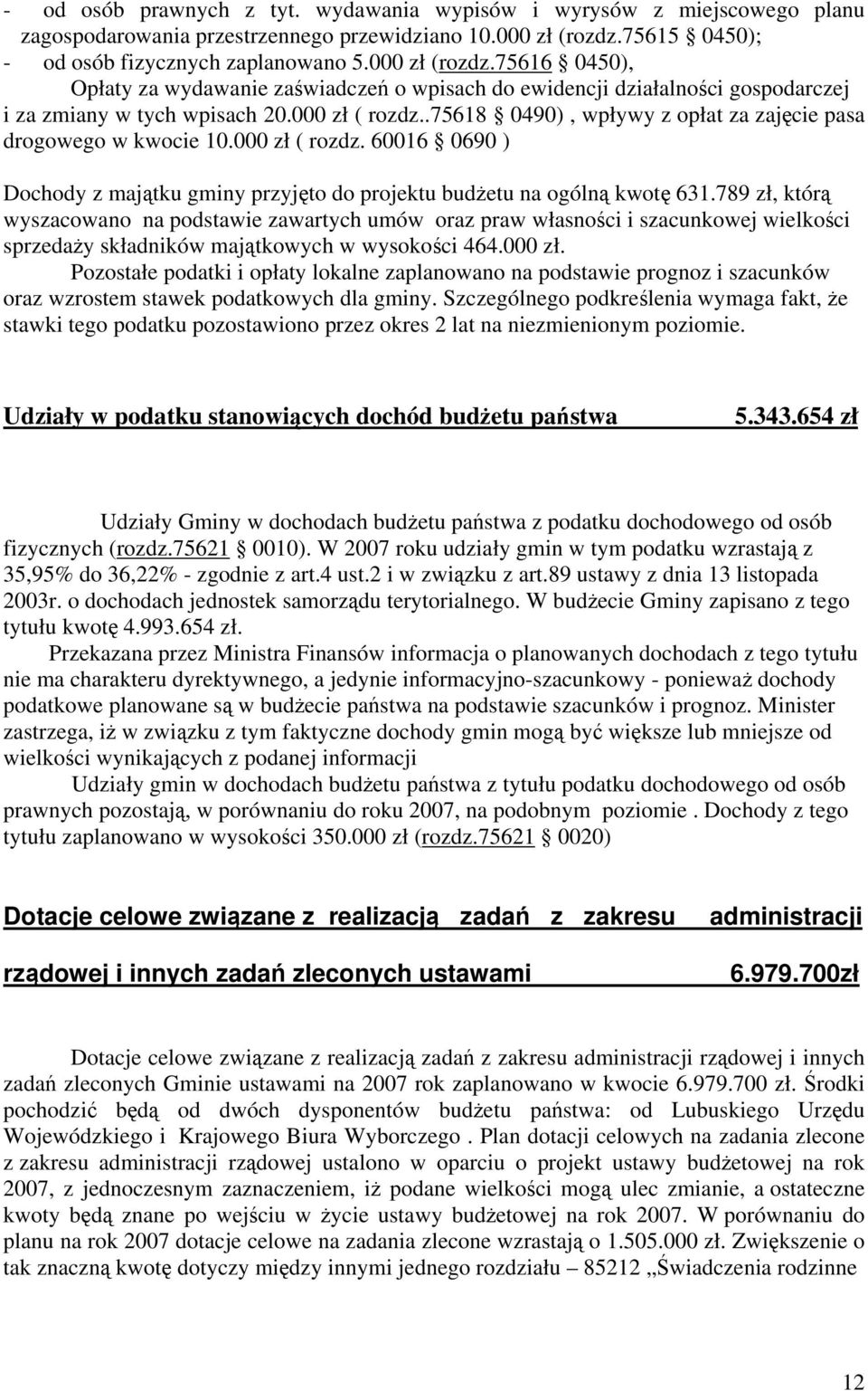 000 zł ( rozdz..75618 0490), wpływy z opłat za zajęcie pasa drogowego w kwocie 10.000 zł ( rozdz. 60016 0690 ) Dochody z majątku gminy przyjęto do projektu budżetu na ogólną kwotę 631.