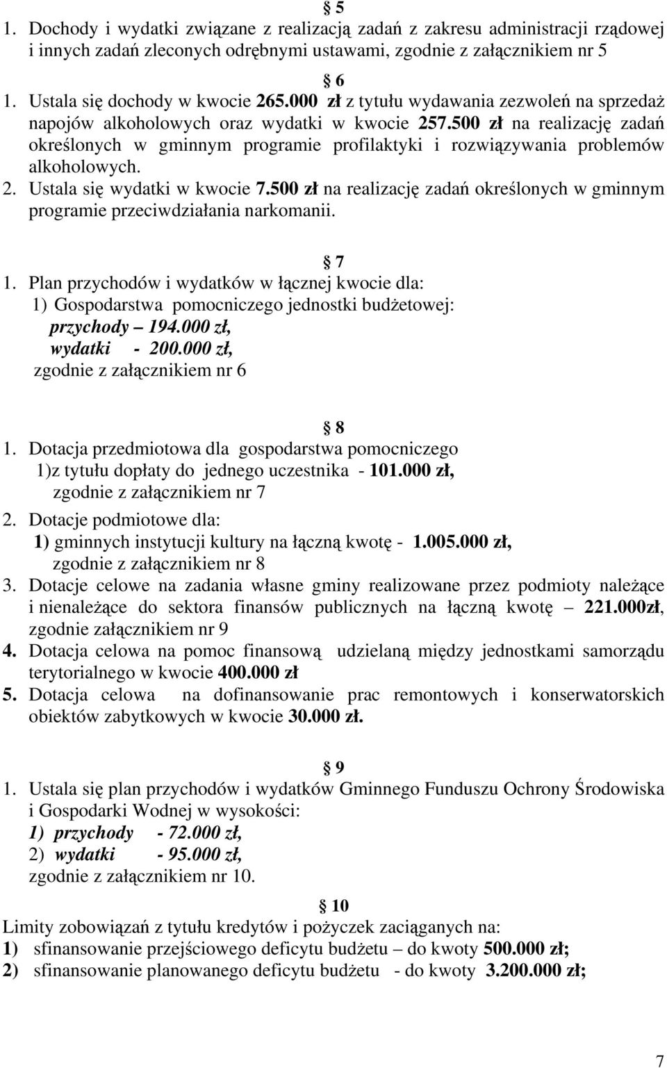 500 zł na realizację zadań określonych w gminnym programie profilaktyki i rozwiązywania problemów alkoholowych. 2. Ustala się wydatki w kwocie 7.