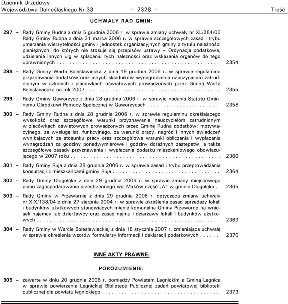 podatkowa, udzielania innych ulg w spłacaniu tych należności oraz wskazania organów do tego uprawnionych.................................................. 2354 298 Rady Gminy Warta Bolesławiecka z dnia 19 grudnia 2006 r.