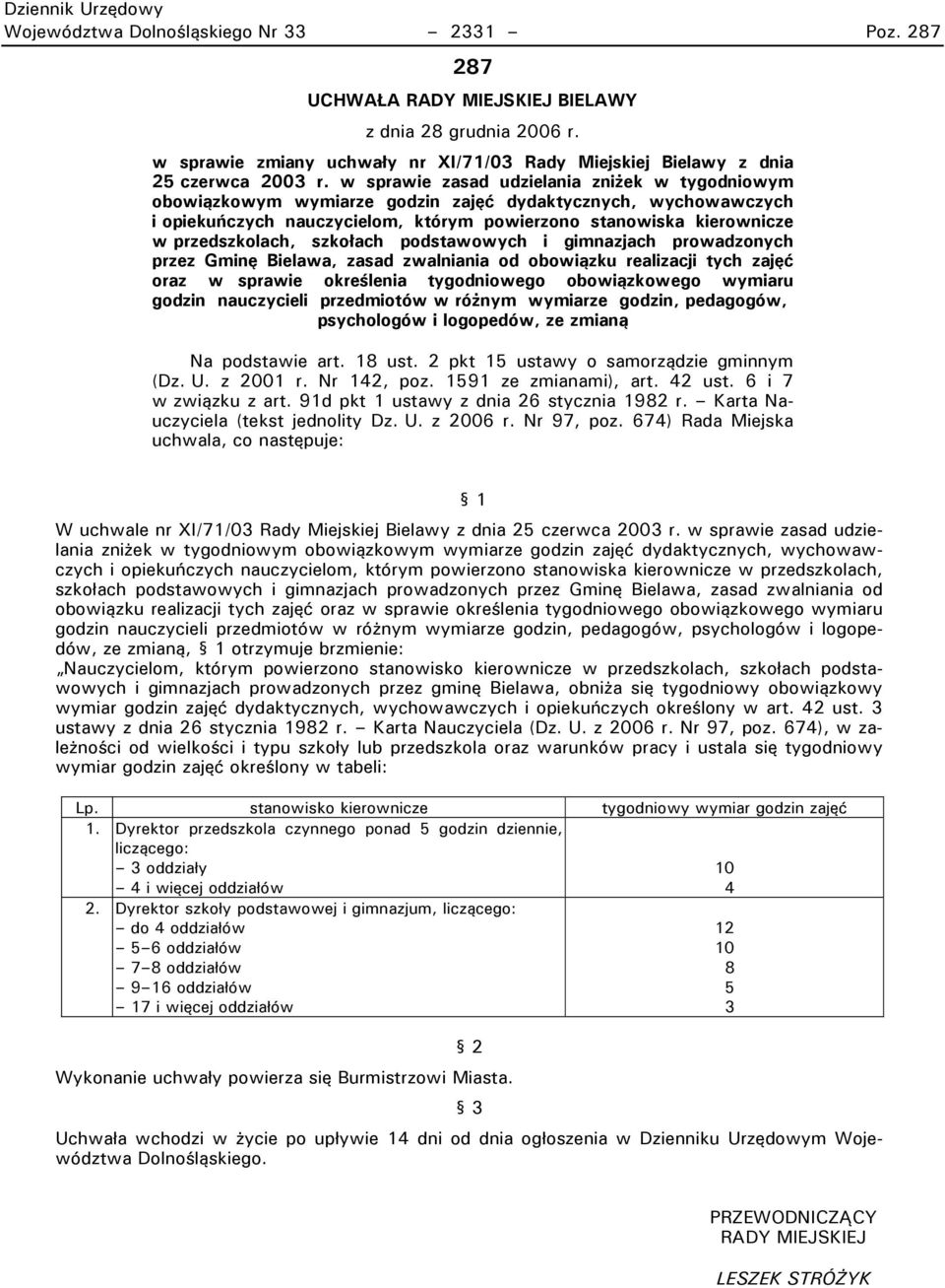 szkobach podstawownch i gimnazjach prowadzonnch przez Gmin6 Bielawa, zasad zwalniania od o1owiązku realizacji tnch zaj6ć oraz w sprawie określenia tngodniowego o1owiązkowego wnmiaru godzin