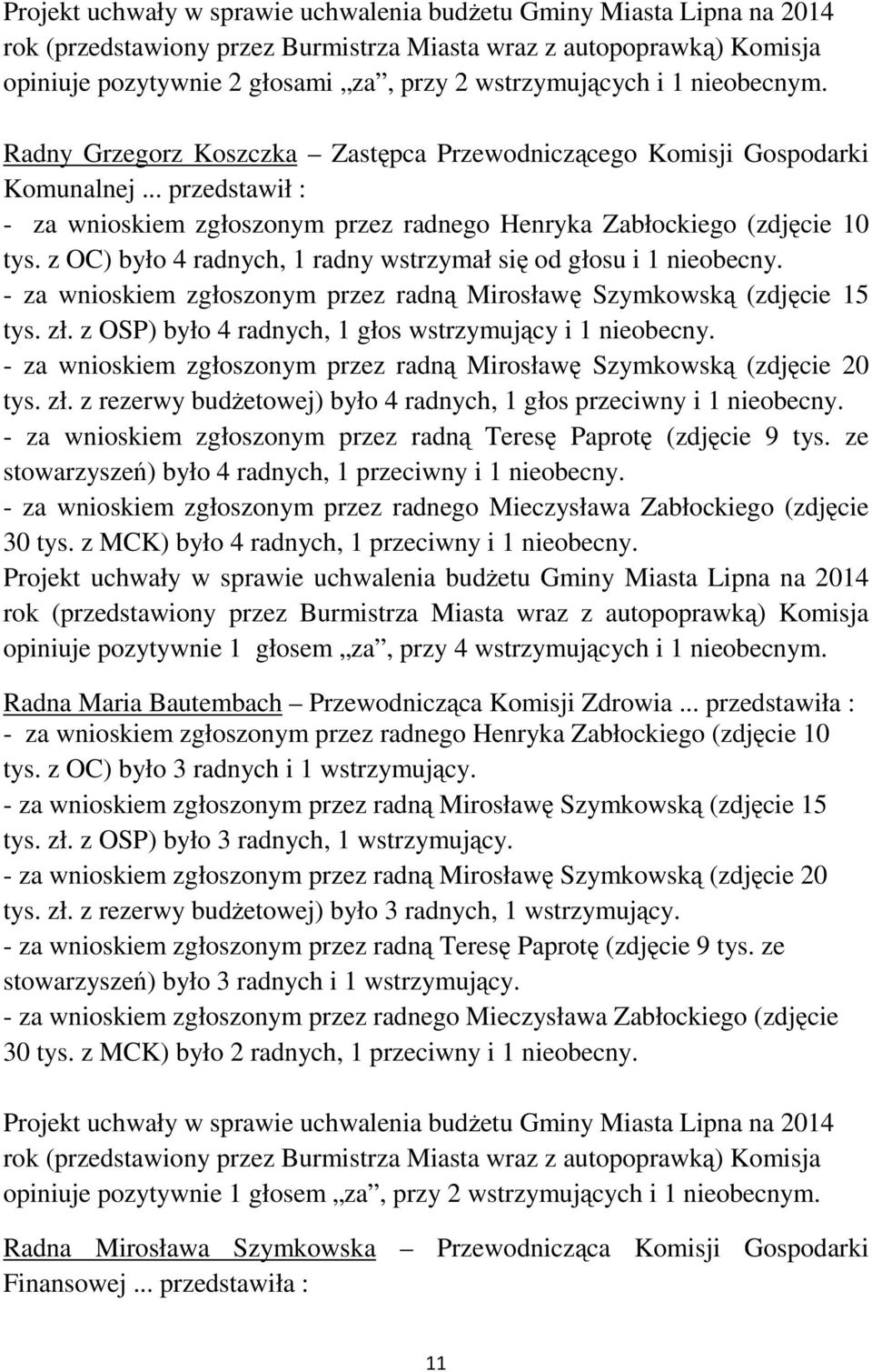 z OC) było 4 radnych, 1 radny wstrzymał się od głosu i 1 nieobecny. - za wnioskiem zgłoszonym przez radną Mirosławę Szymkowską (zdjęcie 15 tys. zł.