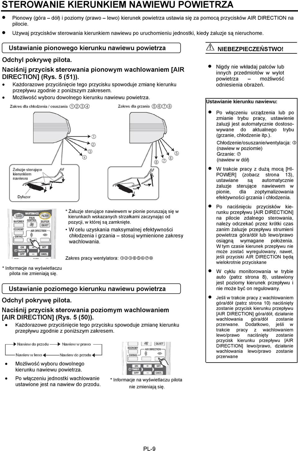 Naciśnij przycisk sterowania pionowym wachlowaniem [AIR DIRECTION] (Rys. 5 (51)). Każdorazowe przyciśnięcie tego przycisku spowoduje zmianę kierunku przepływu zgodnie z poniższym zakresem.