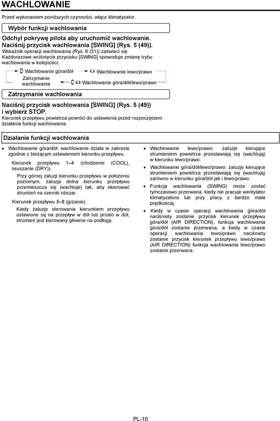 Każdorazowe wciśnięcie przycisku [SWING] spowoduje zmianę trybu wachlowania w kolejności: Wachlowanie góra/dół Zatrzymanie wachlowania Wachlowanie lewo/prawo Wachlowanie góra/dół/lewo/prawo