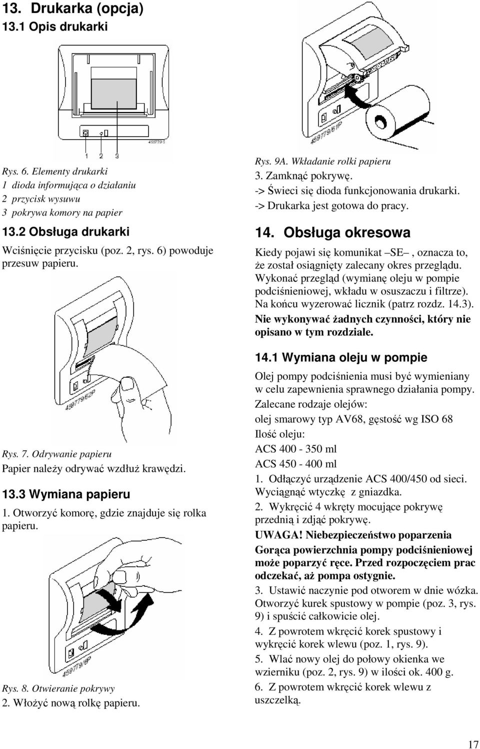 WłoŜyć nową rolkę papieru. Rys. 9A. Wkładanie rolki papieru 3. Zamknąć pokrywę. -> Świeci się dioda funkcjonowania drukarki. -> Drukarka jest gotowa do pracy. 14.