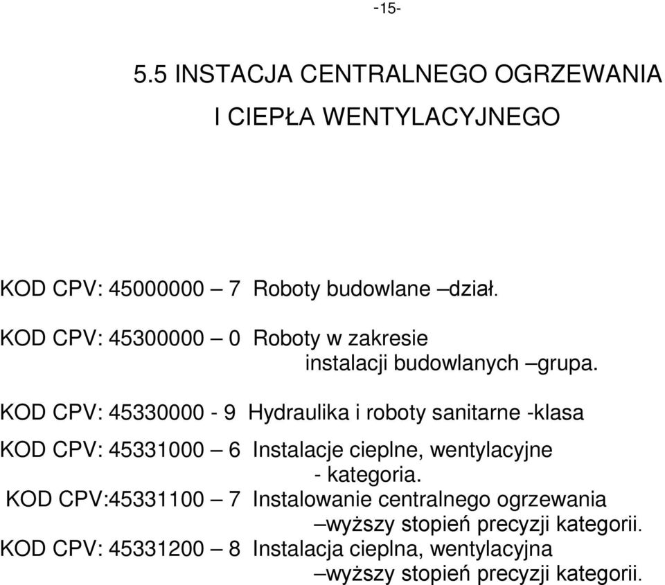 KOD CPV: 45330000-9 Hydraulika i roboty sanitarne -klasa KOD CPV: 45331000 6 Instalacje cieplne, wentylacyjne -