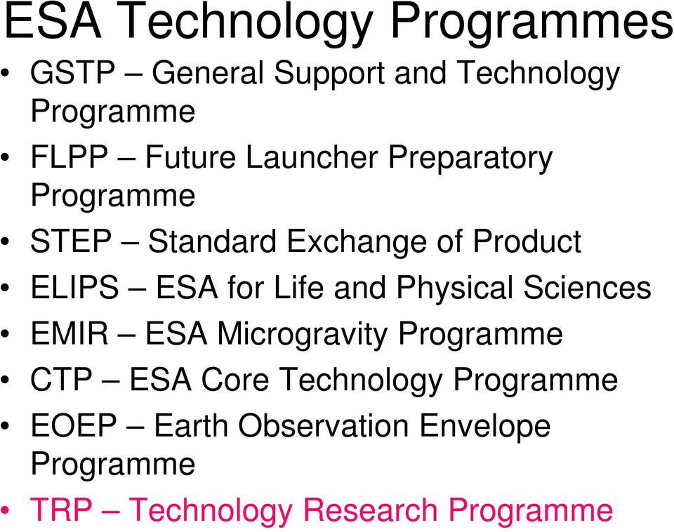 for Life and Physical Sciences EMIR ESA Microgravity Programme CTP ESA Core