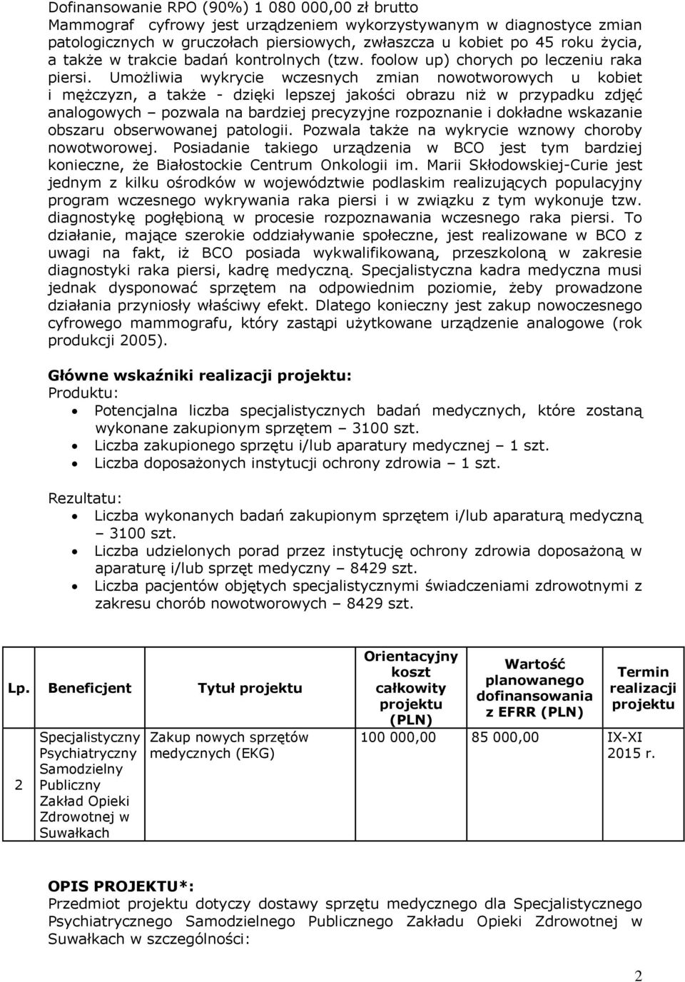 Umożliwia wykrycie wczesnych zmian nowotworowych u kobiet i mężczyzn, a także - dzięki lepszej jakości obrazu niż w przypadku zdjęć analogowych pozwala na bardziej precyzyjne rozpoznanie i dokładne