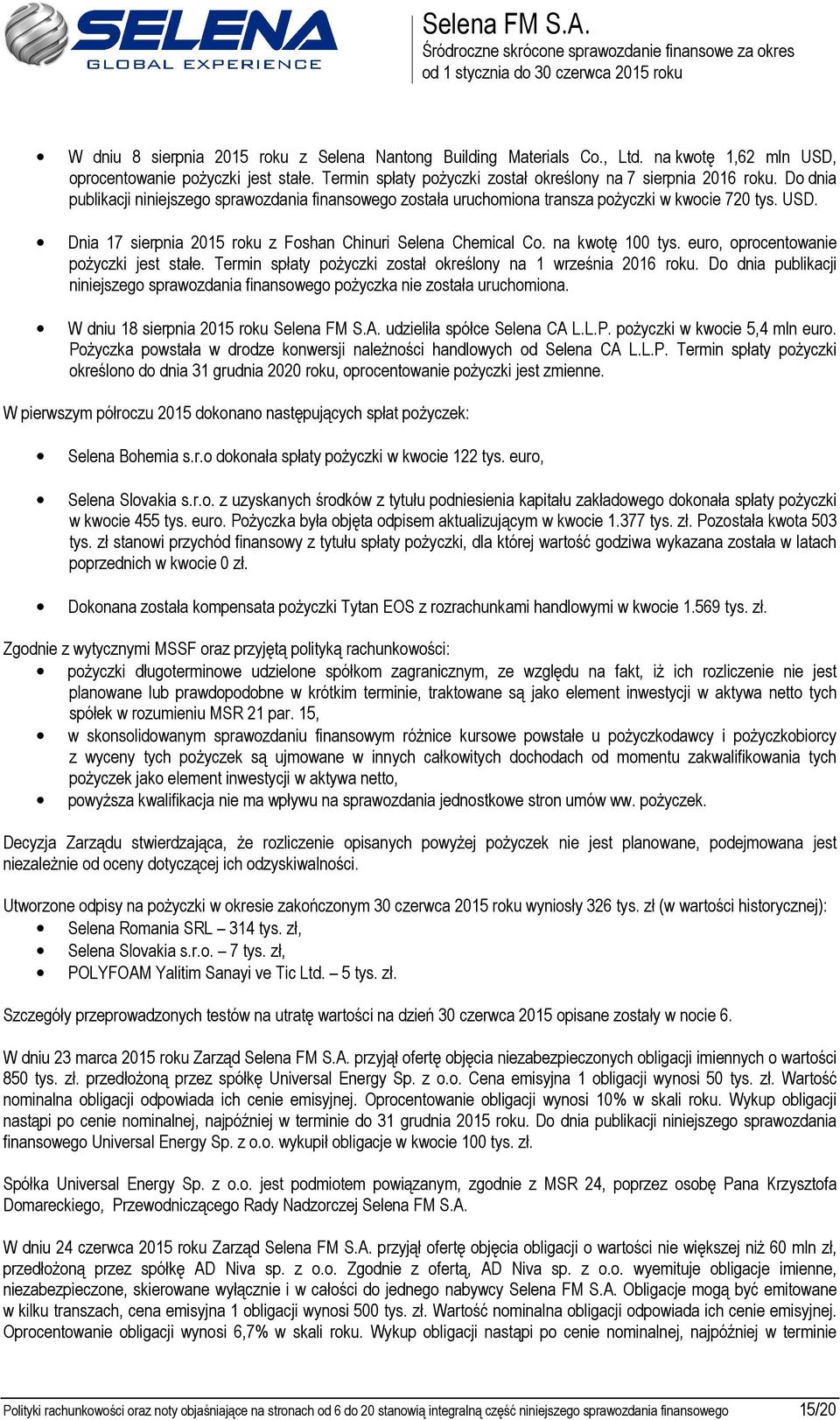 Dnia 17 sierpnia 2015 roku z Foshan Chinuri Selena Chemical Co. na kwotę 100 tys. euro, oprocentowanie pożyczki jest stałe. Termin spłaty pożyczki został określony na 1 września 2016 roku.