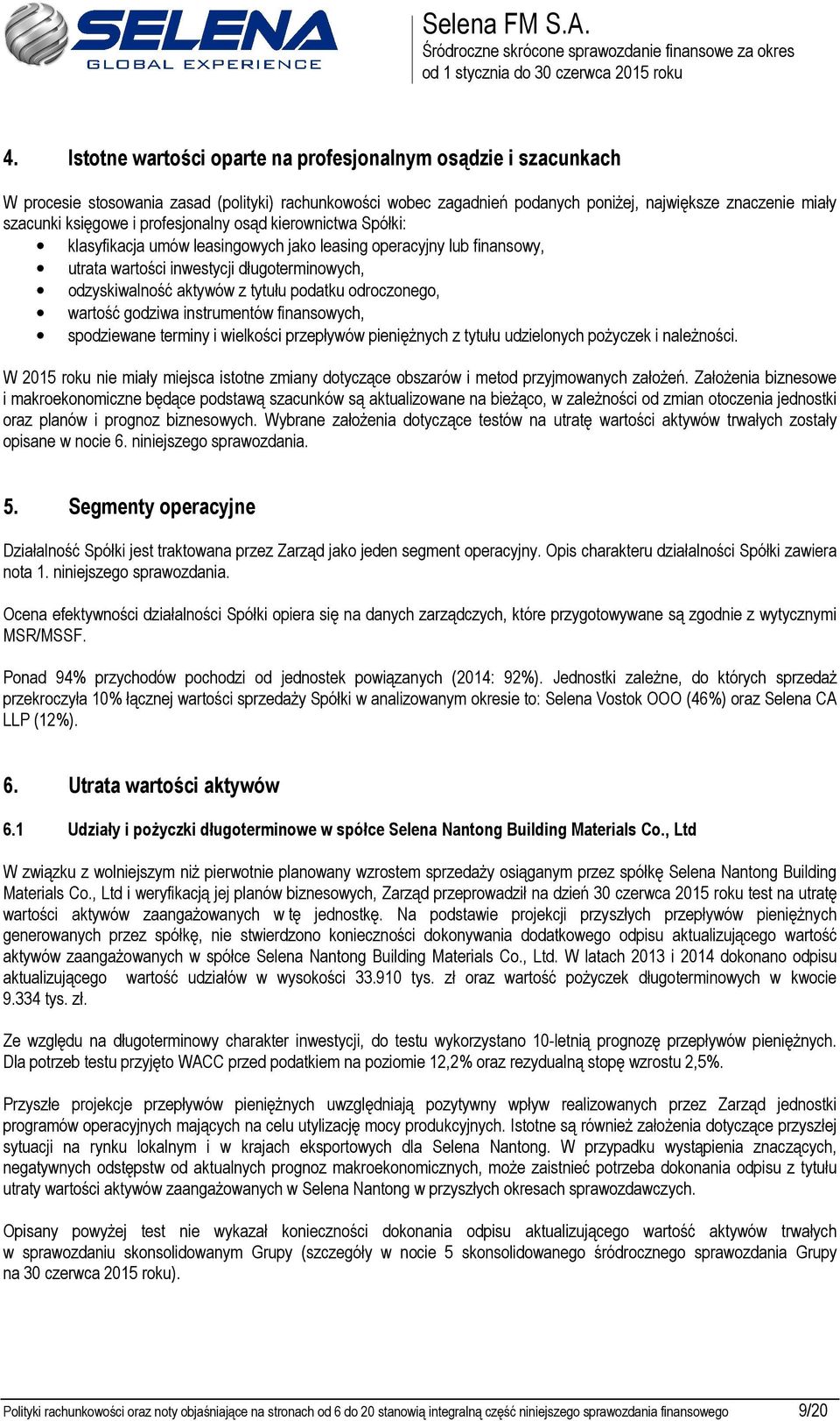 profesjonalny osąd kierownictwa Spółki: klasyfikacja umów leasingowych jako leasing operacyjny lub finansowy, utrata wartości inwestycji długoterminowych, odzyskiwalność aktywów z tytułu podatku